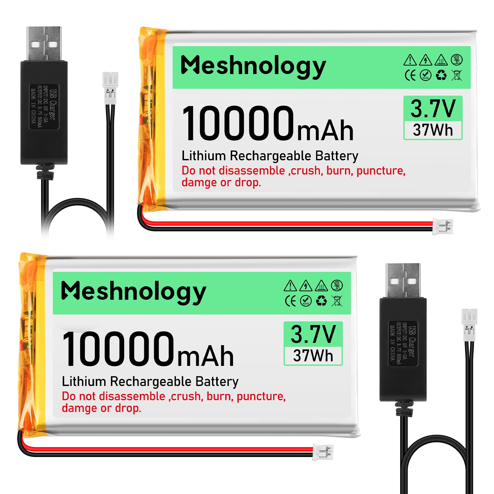 2 pz 3.7 V 10000 mAh Li Batteria con Cavo di Ricarica USB 1163115 1S Batteria LiPo con Bordo di Protezione Isolato Nastro di Gomma e Micro PH2.0 Spina per Arduino ESP32 Scheda Modulo Drone