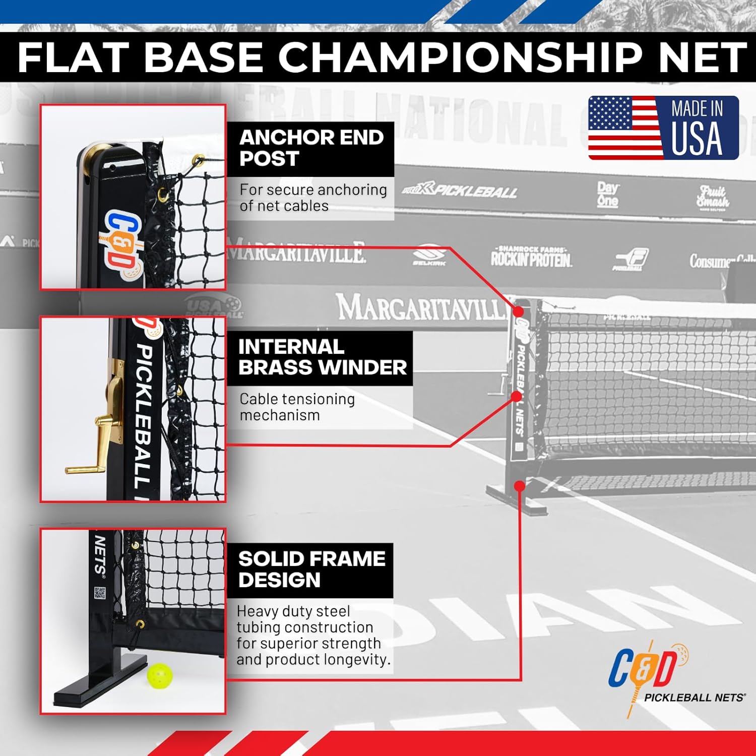 C & D Pickleball Nets Flat Base Championship Net with Heavy Duty Steel Frame, Adjustable Tension, Indoor/Outdoor Use, 10-Year Warranty, Net
