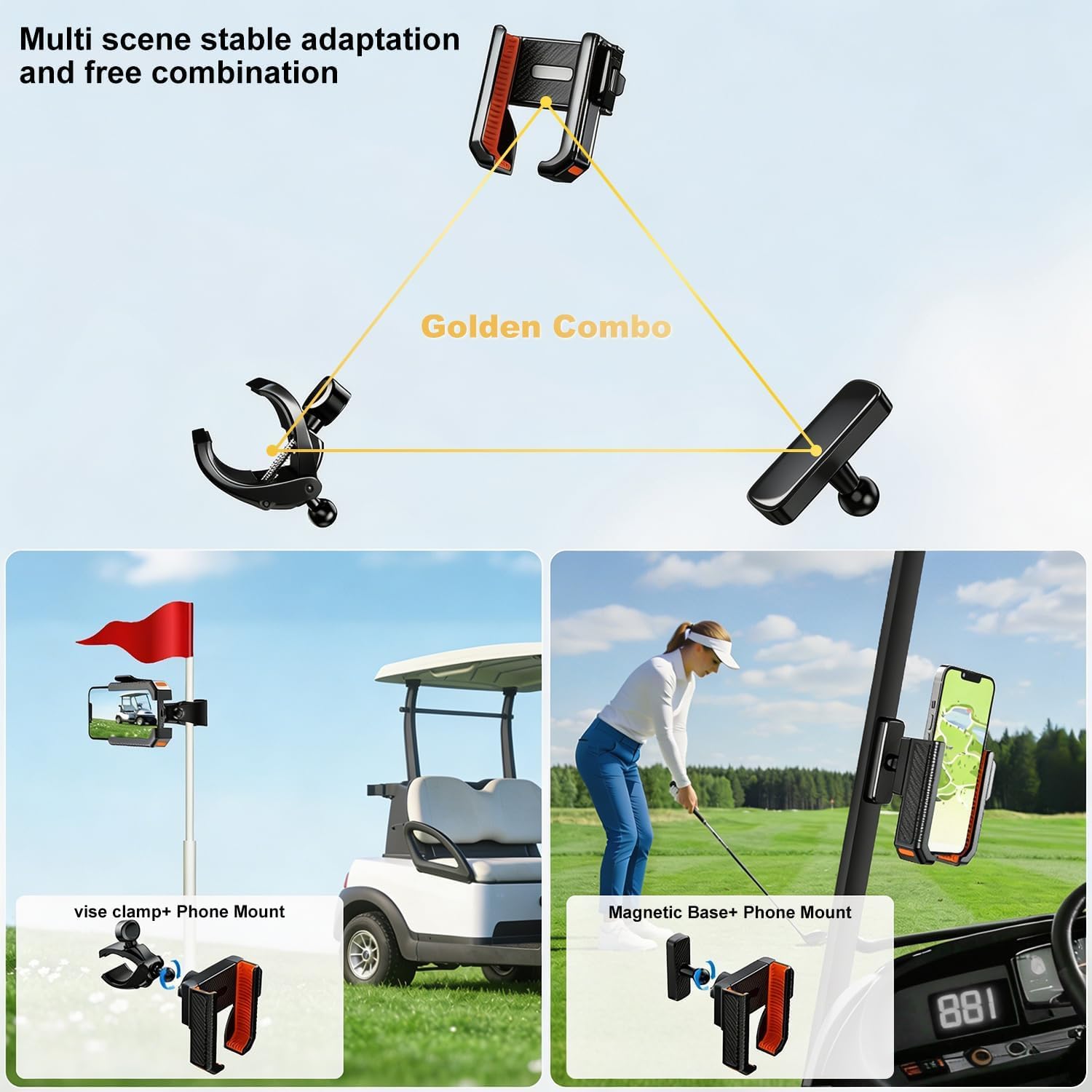 2-in-1 Golf Cart Phone Holder Mount[Magnetic Base&Vise clamp] Compatible with All 4.5-7" Smartphones (iPhone/Galaxy/Google).Universal Fit for Golf Accessories,EZGO/Club Cars/Yamaha/Golf Cart image 2