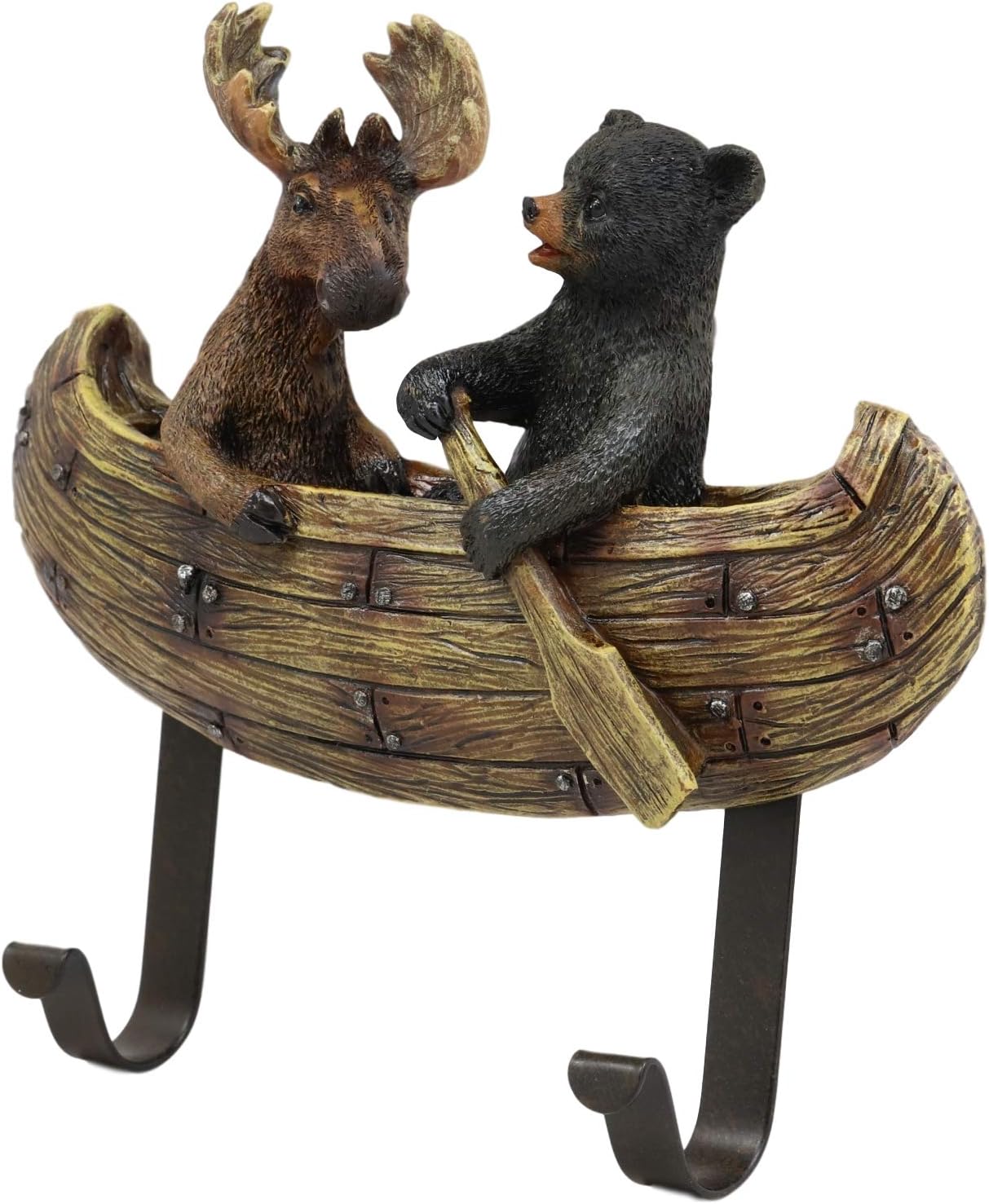 Ebros Whimsical Forest Creek Buddies Rustic Black Bear and Elk Moose Rowing Boat Canoe 2 Pegs Wall Hooks 7" Wide Hanger Bears Deers Elks Wall Mount Coat Hat Keys Hook Decor Hanging Sculpture Plaque - Image 4