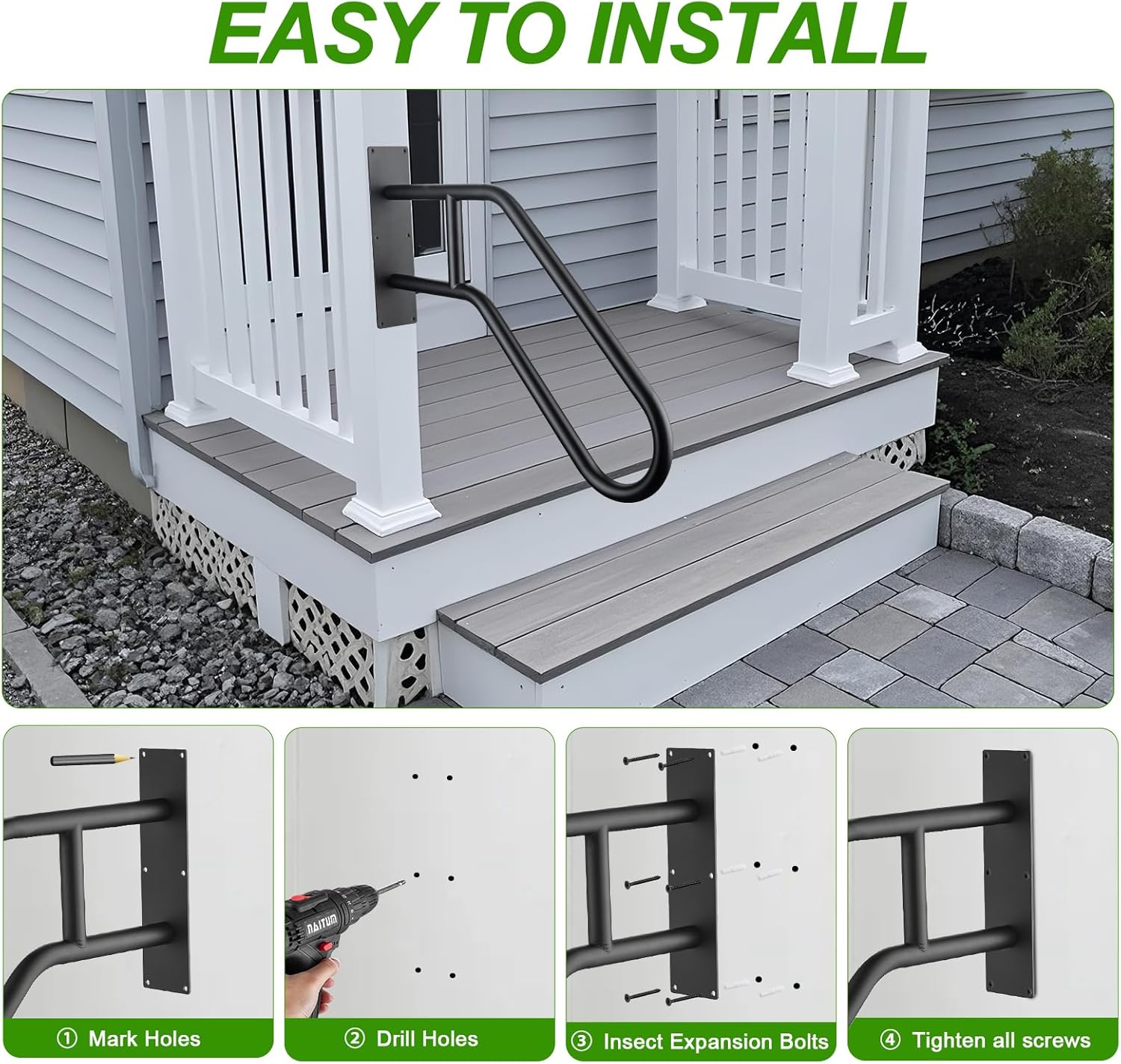 u-shaped safety handrail for stairs 1-3 steps, wall mounted handrails indoor/outdoor - 530lbs load, anti-slip & rust-proof, elderly & disabled assist at porch, deck, bathroom single tube handrail