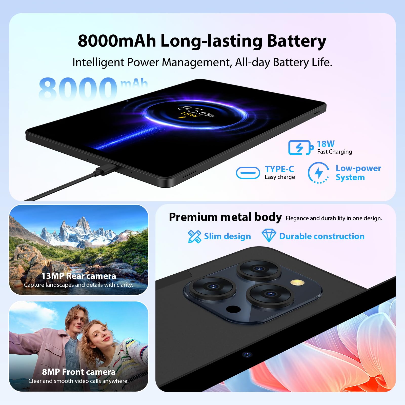 Tablette 11 Pouces Android 16 avec 36Go RAM+512Go ROM (2TB TF),4G LTE & 5G WiFi,Octa-Core 2.0GHz,8000mAh, 13MP+8MP/Widevine L1/Gemini AI/GPS/Face ID/BT 5.0, Tablette Tactile avec Clavier,Noir