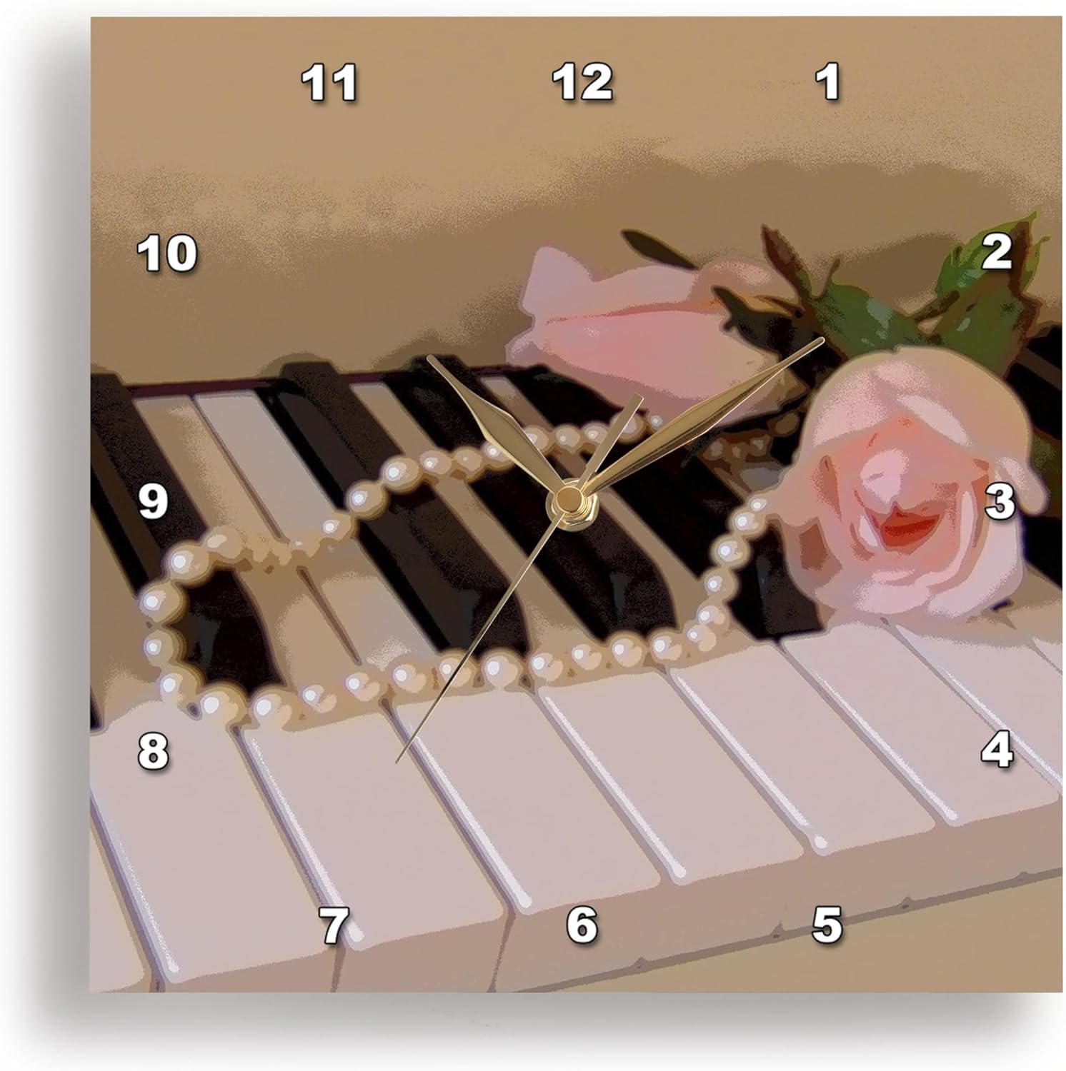 Wall Clock Silent - 15 inch - Pink Roses On Piano Keys - Music