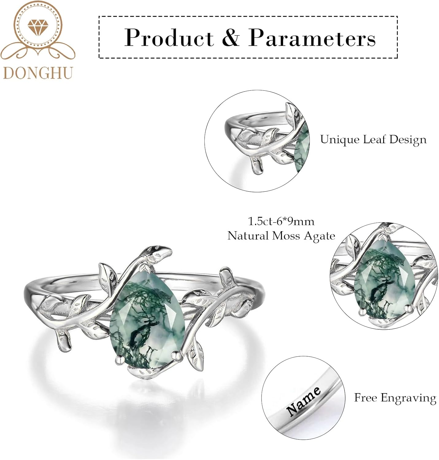 10K 14K 18K Gold 1.5CT Natural Moss Agate Ring for Women Genuine Inspired Leaf Kite/Oval/Pear Cut Green Moss Agate Engagement Wedding Ring 925 Sterling Silver Promise Jewelry Gift