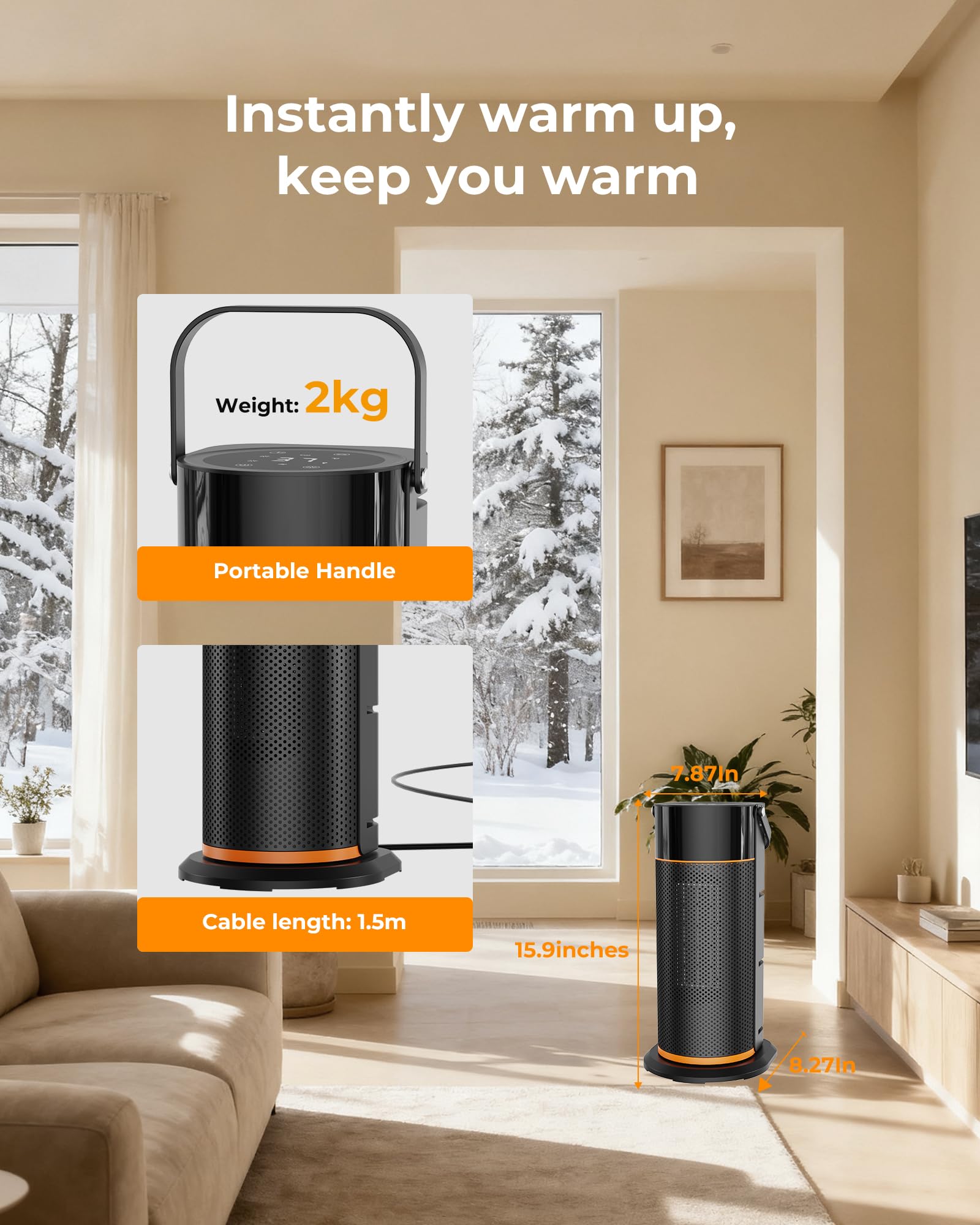 Chauffage d'Appoint Économe Noir - 2000W PTC Céramique, 4 Niveaux de Puissance, Télécommande, Oscillation à 70°, Sécurité Anti-chute et Surchauffe, Chauffage Électrique pour Chambre/Salon/Bureau