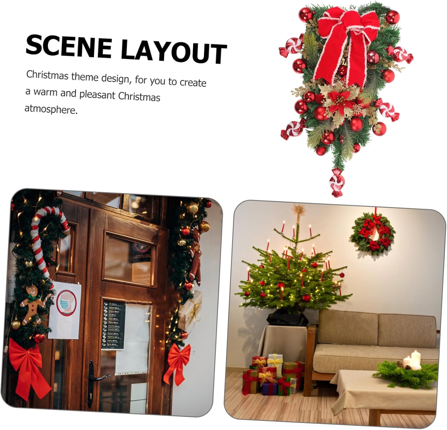 Christmas Teardrop Swag Decorative Wreath with Bowknot for Staircase Railing and Door Hanging Artificial Greenery Garland for Indoor Outdoor Holiday Decor Festive Xmas Wall and Window Accent