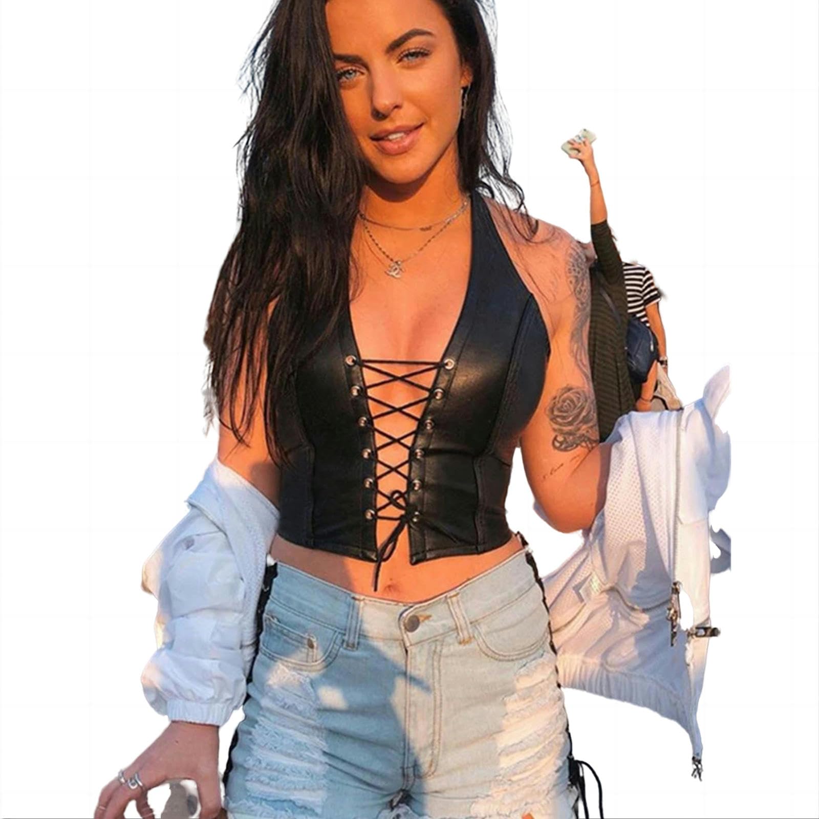 Camiseta sin Mangas Mujer Black PU Crop Crop Womens Camisole Vest Vest Fashion Club Wear Toques De Tanques
