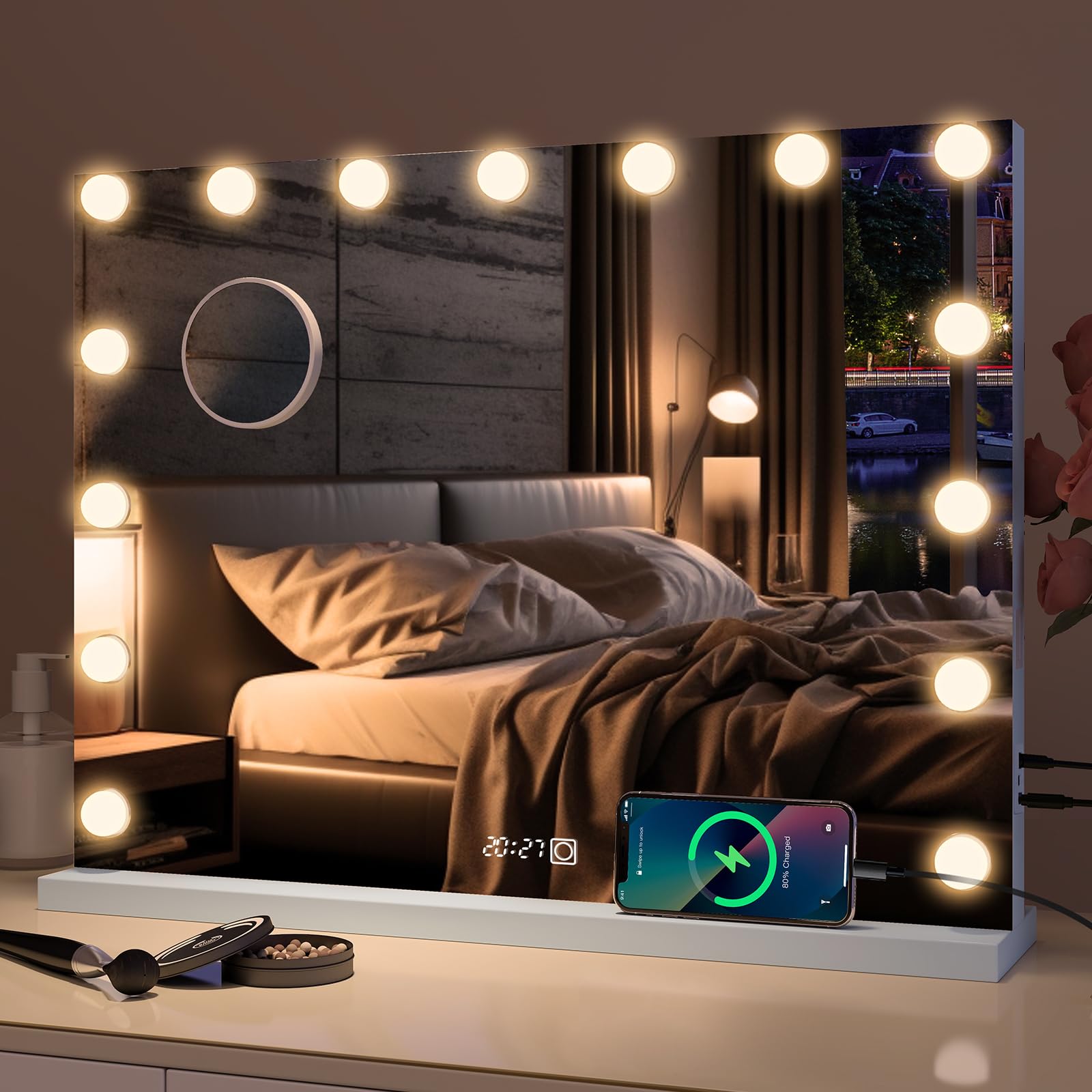 YU YUSING Specchio Trucco con Luci 80x60cm Hollywood con 18 Lampadine LED, 3 Modalità di Luce, Controllo Touch, Display Digitale, Type-C e USB, Ingrandimento 10x, da Tavolo, da Parete