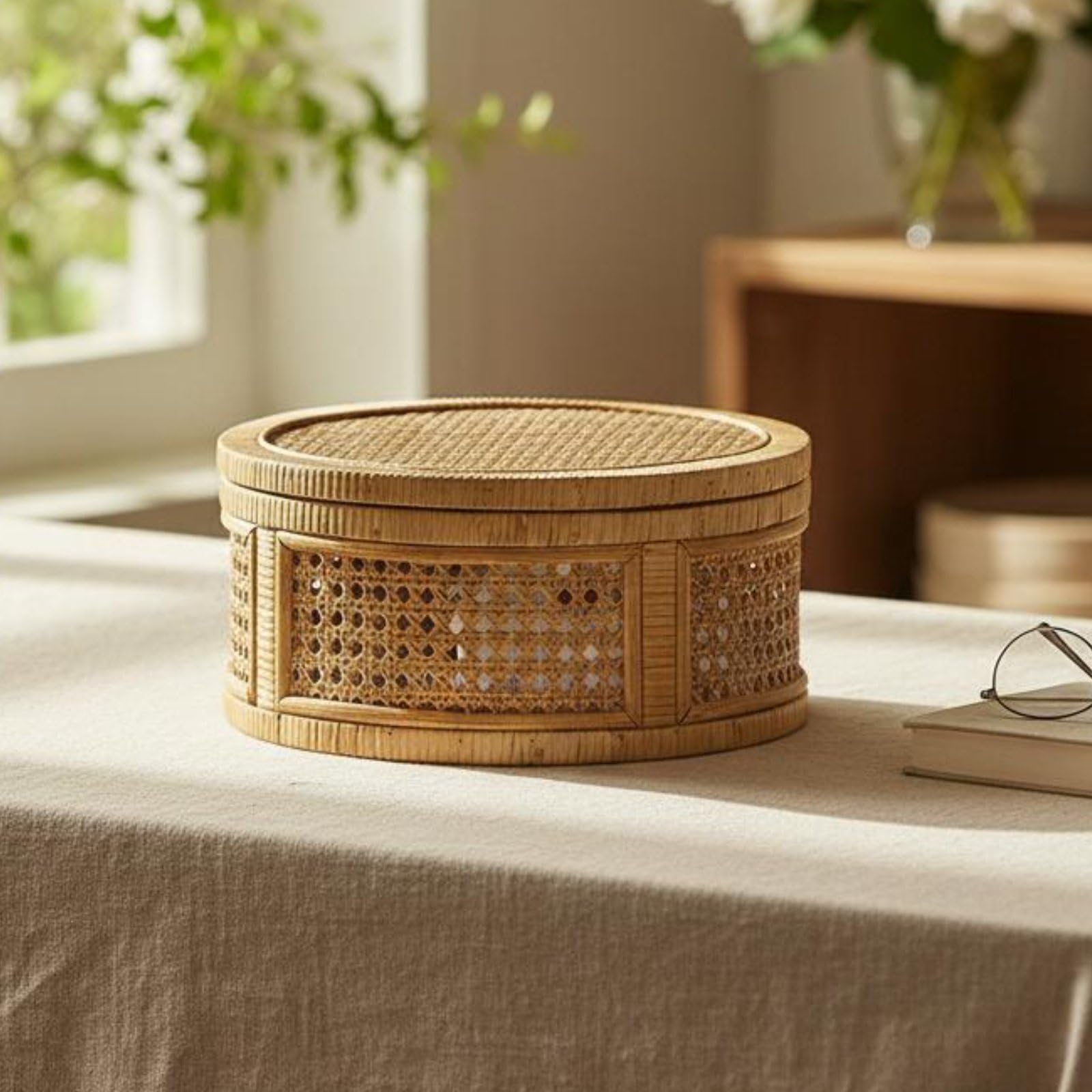 Cestino Portatutto Cestino Intrecciato Scatola Rotonda Scatola con Coperchio Organizer per Ordine Domestico Traspirante Artigianale in Rattan, L