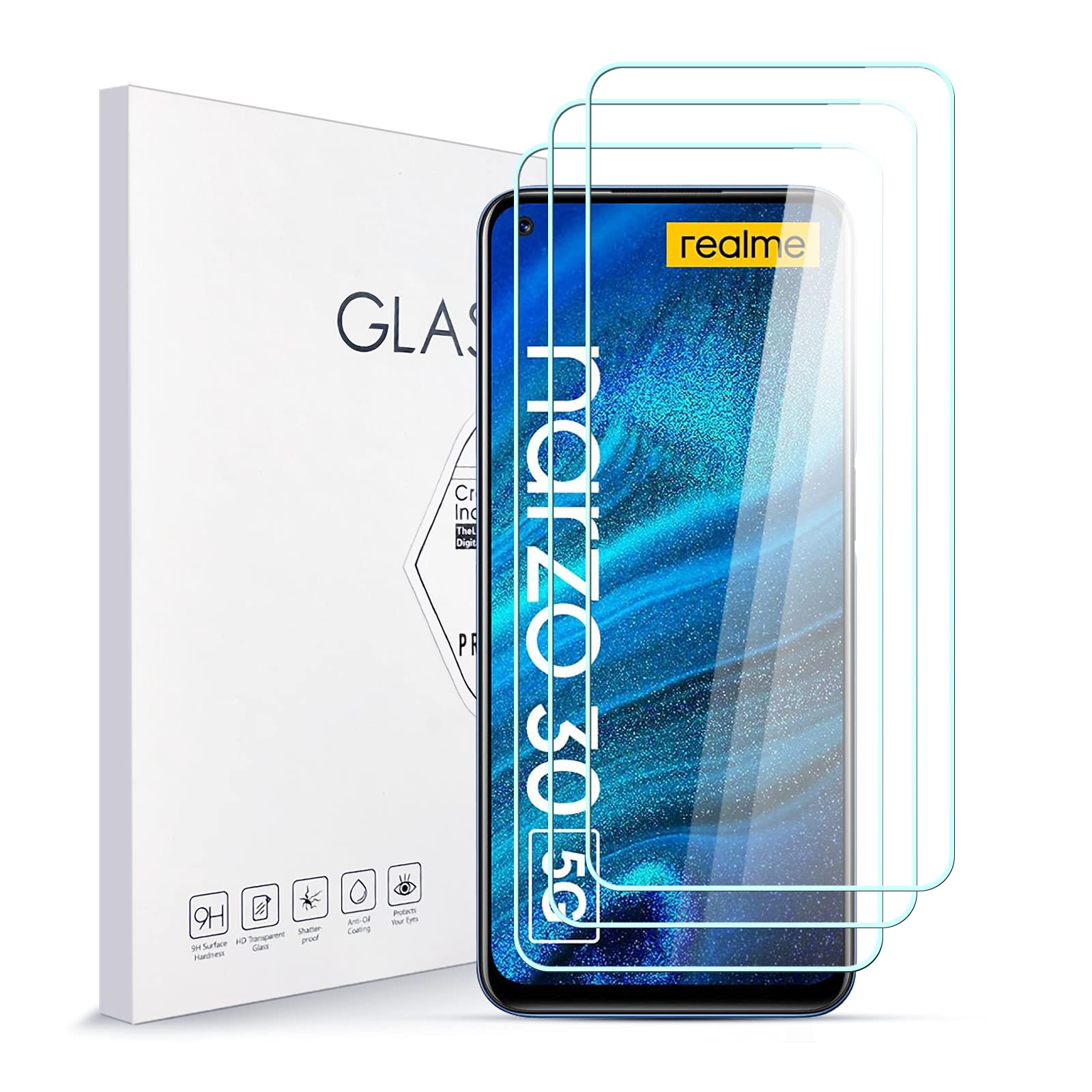 E-Hamii 2 Pellicole In Vetro Temperato Per Realme 8/Realme Narzo 30 + 2 Protezioni Fotocamera, Trasparenti E 9H - 2