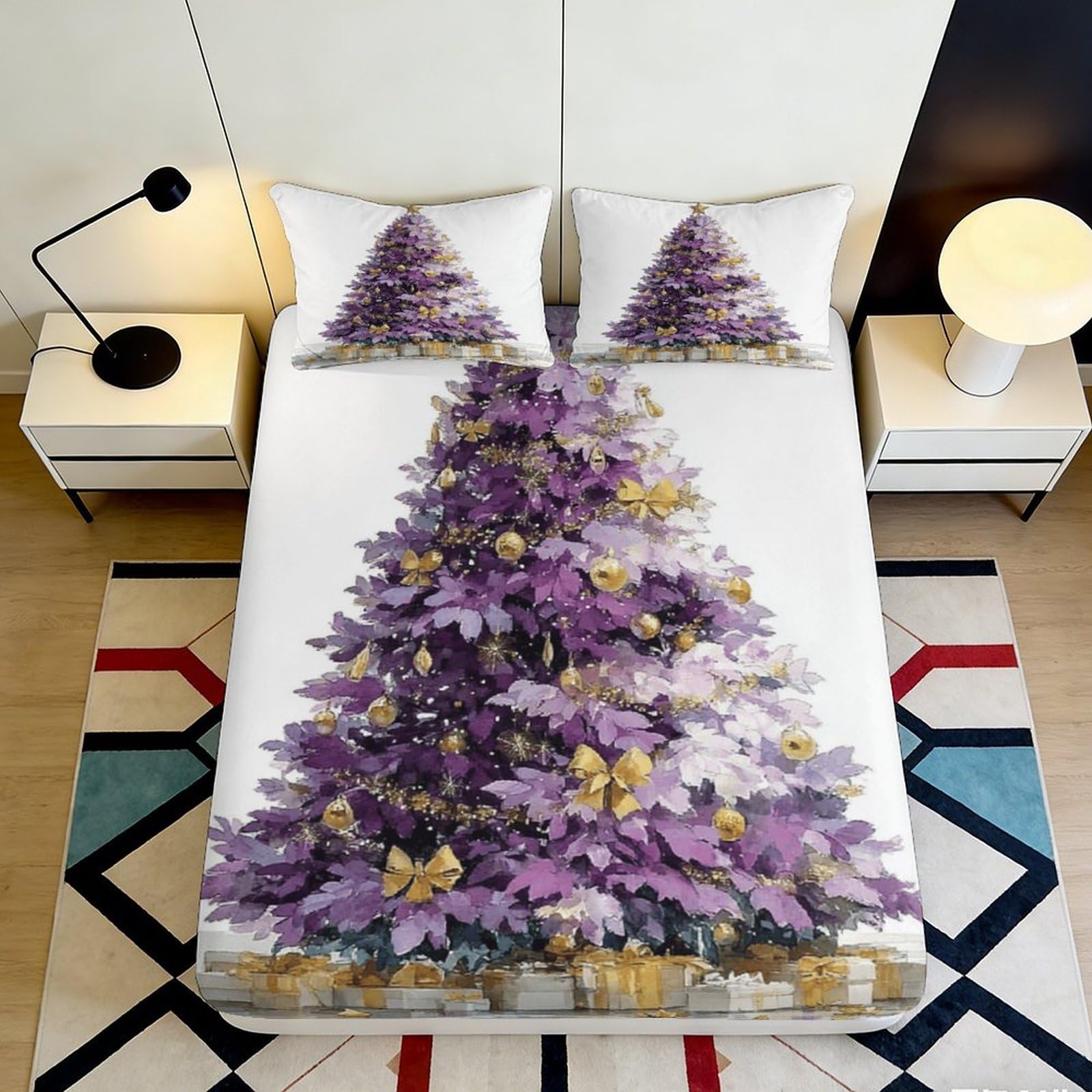 Pnayamiorkfel Style-3 3D Printed Purple Christmas Tree Fitted Sheet Microfiber Soft Gold Ornaments Bed Cover For Bedroom Guest Room Decor 90X200x25cm