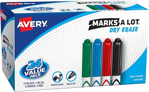 AVERY Marks A Lot Value Pack - Marcadores de borrado en seco, marcadores de pizarra blanca con punta de bala, 24 surtidos (29860)