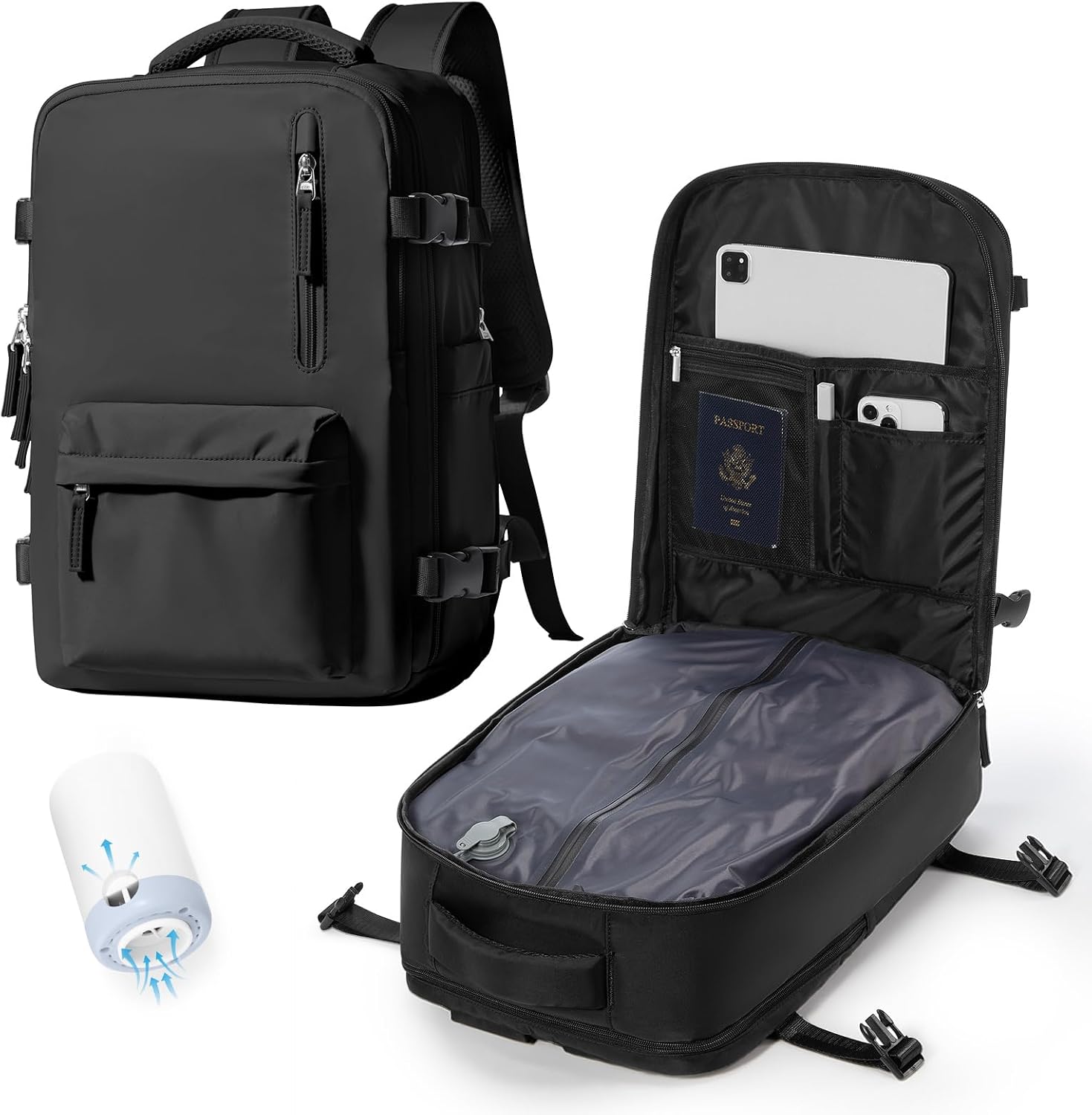 Vacuum Backpack Travel with pump,Large Travel Backpack with Vacuum Seal System,Personal Item Travel Bag Frontier Airlines Approved 18x14x8,Mochila Compresion al Vacio,Laptop Backpacks,Black