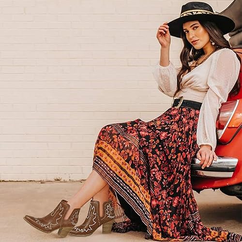 Miniatura 4 de Botas vaqueras para mujer, con puntera puntiaguda, bordadas, sin botones, botas vaqueras con tacón grueso, botines occidentales