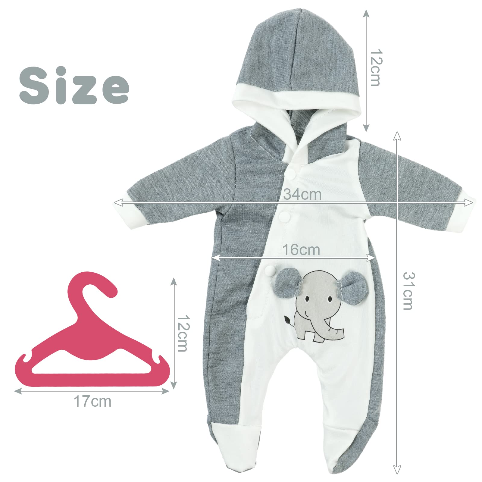 Aolso Vestiti per Bambole per New Born Baby Doll, Abiti per Bambolotti 35-45CM, Pagliaccetti Stampa con Cappello, con 1 Gruccia, Modello di Elefante Grigio e Bianco (Bambola Non Inclusa)