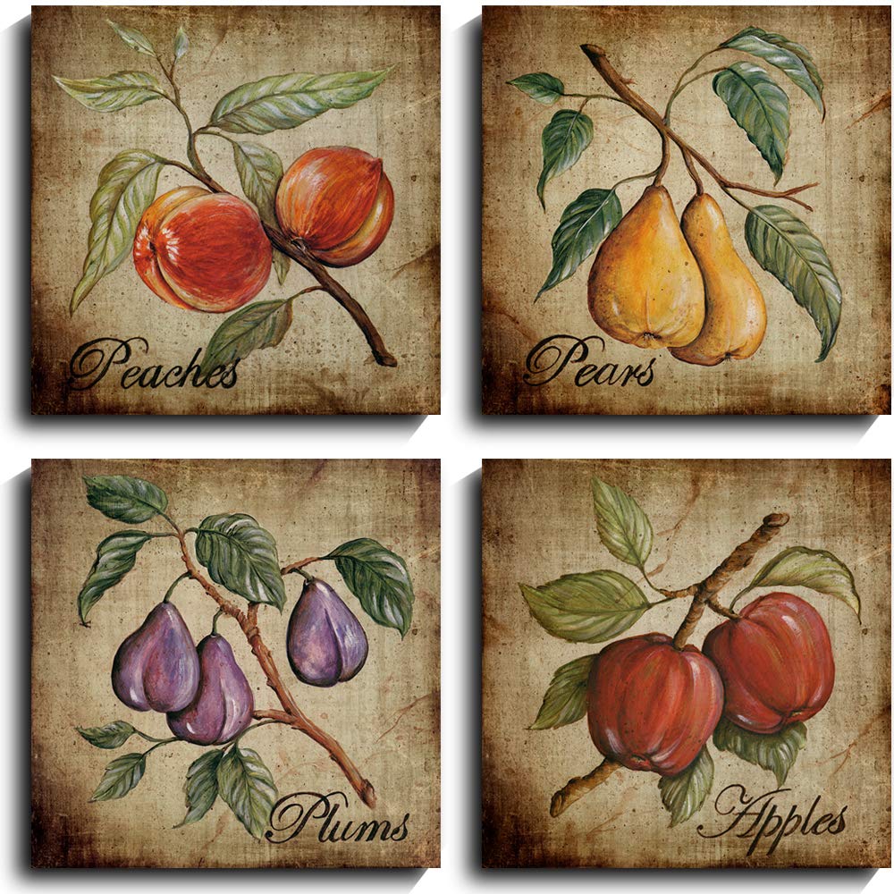 NLKTIYC Apples Pears Plums Peaches Framed Canvas Prints, Fruit Wall Art for The Kitchen,Dining Room Vintage Abstract Printed Paintings, Fruit Artwork Set, 4 Panels Wall Decor, Home Poster Decals