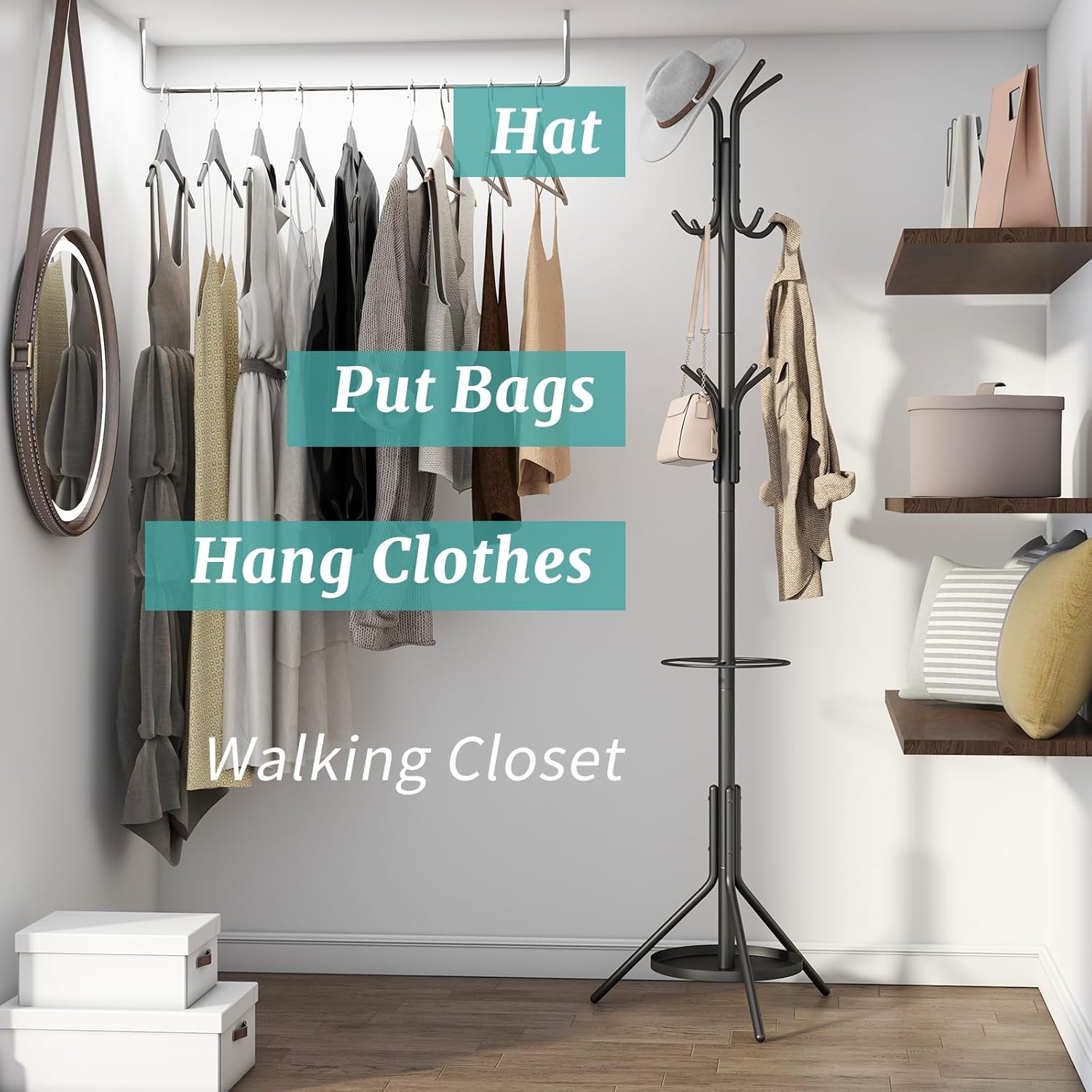 Black Coat Rack, Coat Rack Freestanding with Umbrella Holder, Adjustable Height Shelf with 12 Hooks, Used In The Bedroom, Living Room, Office To Hang Clothes, Hats, Bags