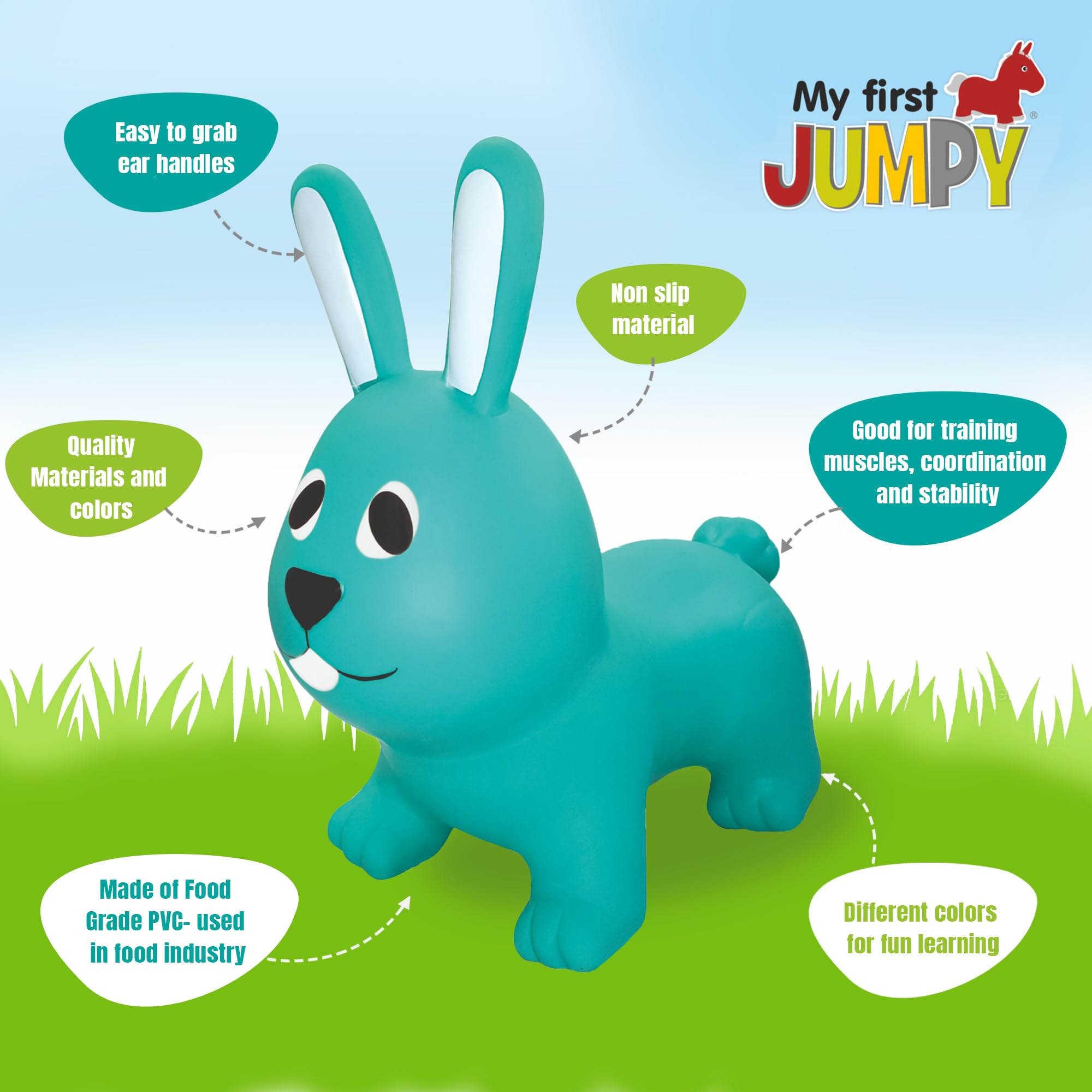 Gerardo's Toys Jumpy Zwierzęta do skakania zając morska zieleń ok. 58 cm – skaczące zwierzęta od 1 roku życia – nadmuchiwane zwierzęta do użytku wewnątrz i na zewnątrz – w zestawie pompka