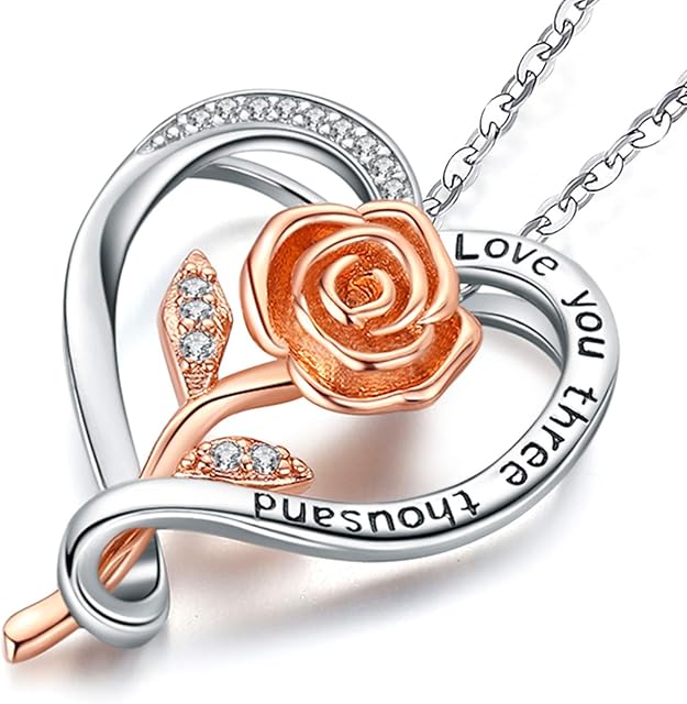 925 Sterling Silver Heart Necklace for Women, Rose Flower Pendant Necklace, I Love You Forever Necklace Jewellery Gifts for Mom Wife Girls Girlfriend on Birthday Valentine's Day Anniversary