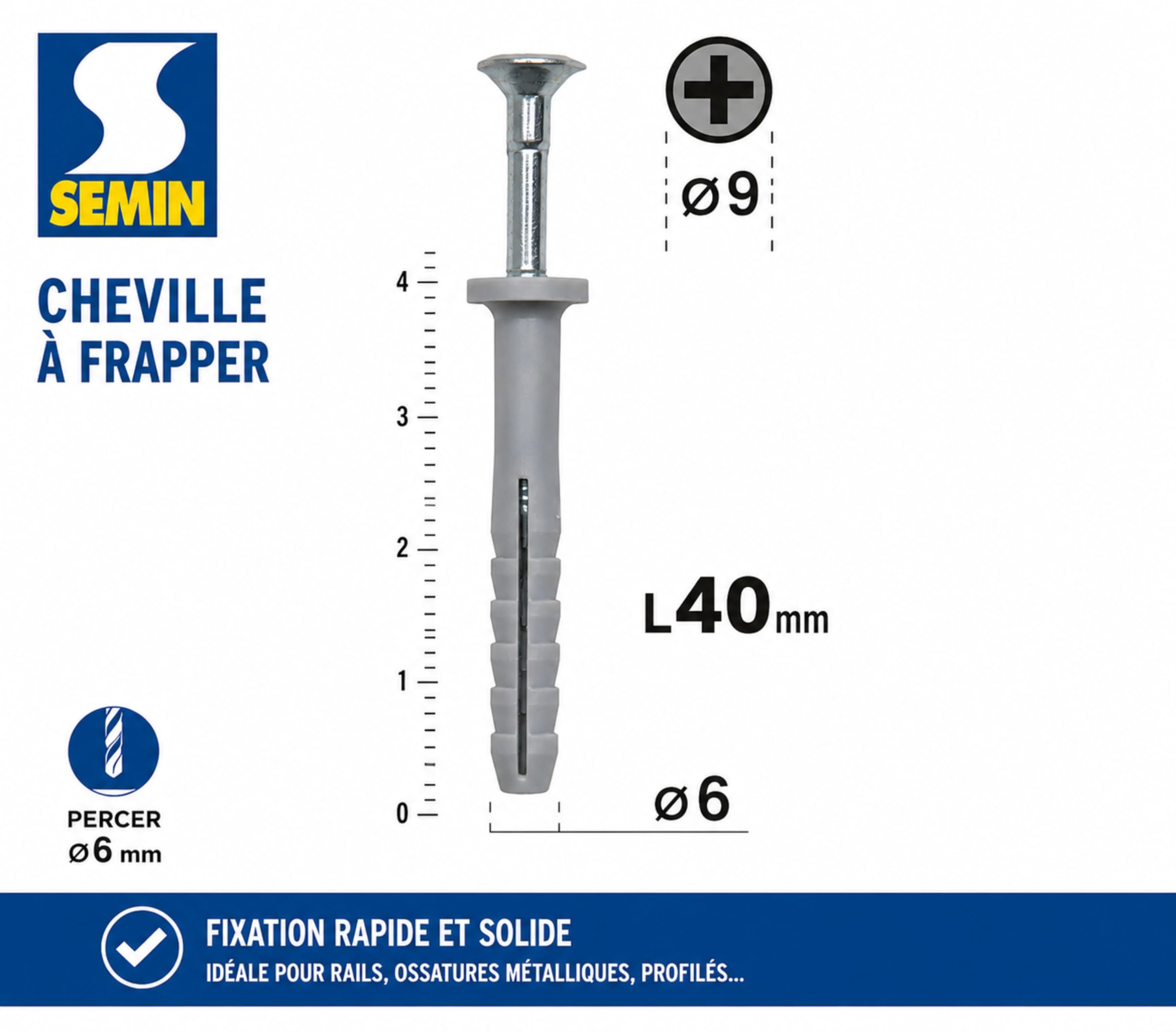 SEMIN Chevilles à Frapper 6x40 mm – Lot 400 (2x200) – Cheville Nylon Expansion avec Clou A1 – Fixation Rails Placo & Cloisons – Pose Rapide