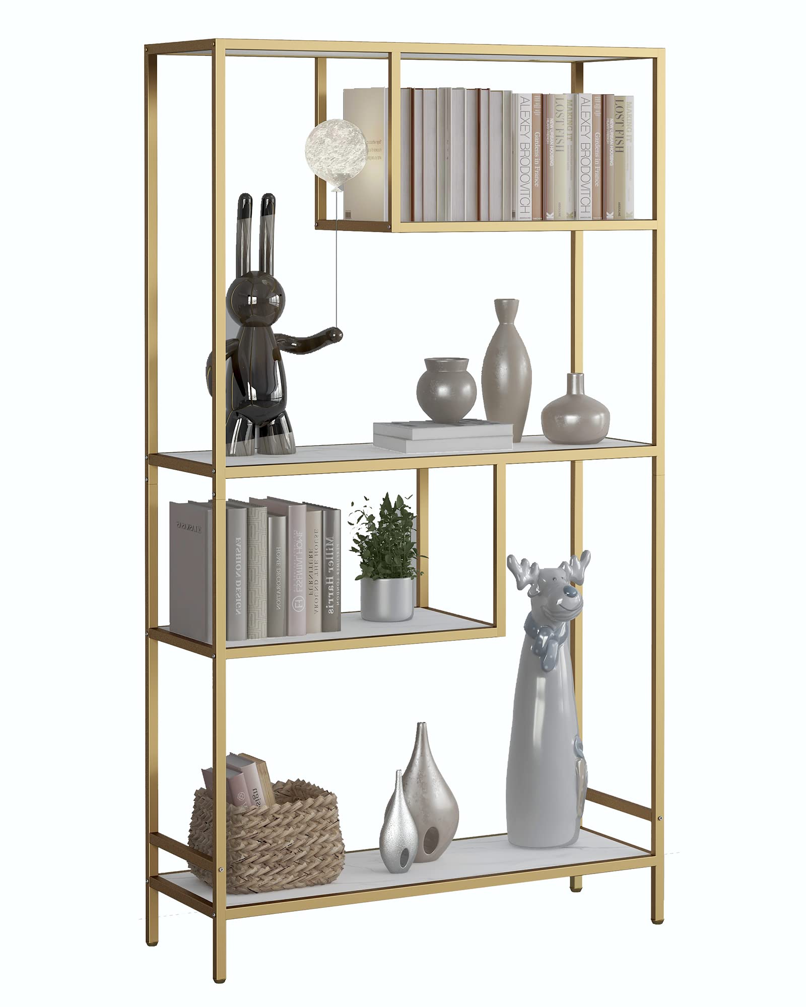 Yusong Gold Bookshelf, Industrial Bookcase Open Storage Shelves with Metal Frame, Freestanding Display Rack Tall Shelving Unit for Living Room, Bedroom, Office, Gold and White Marbling