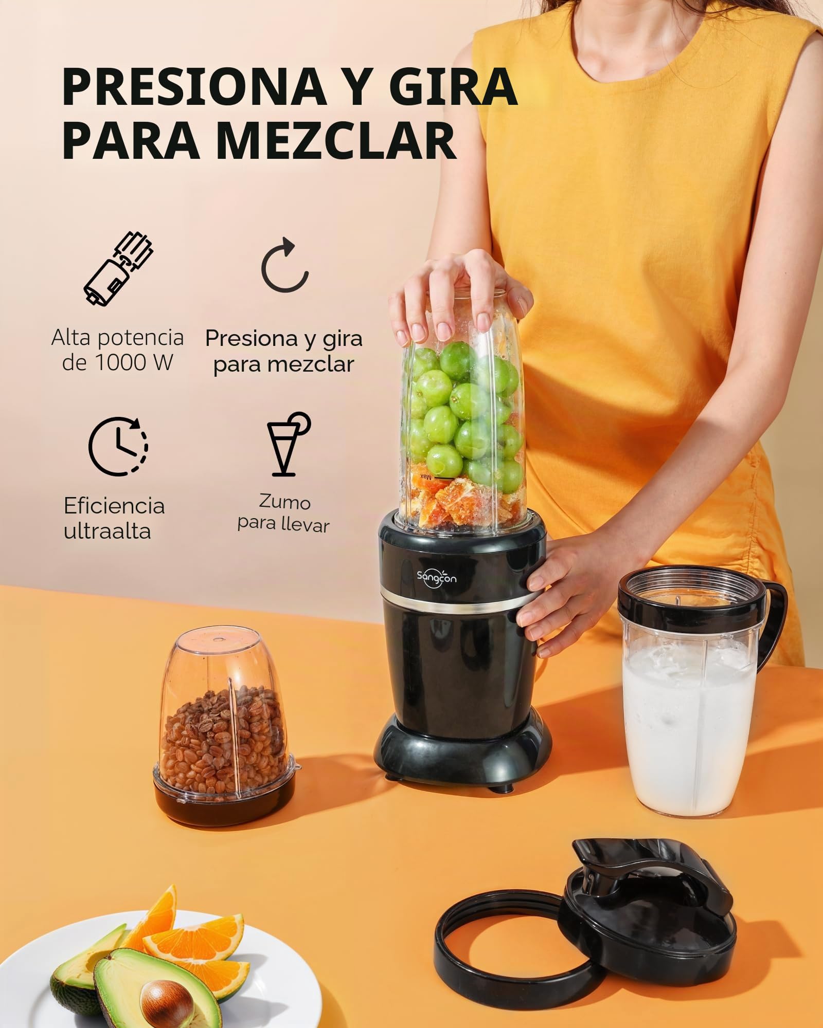 Sangcon - Licuadora de 1000 W para batidos, potente licuadora de 22000 RPM para cocina con 3 tazas + 2 tapas de boquilla + 1 tapa de almacenamiento + 1 tapa para llevar, licuadora portátil para