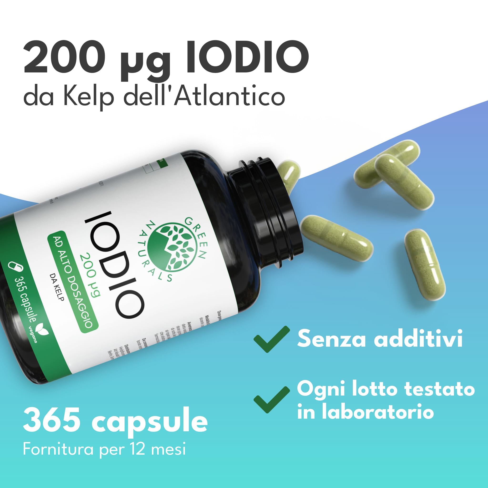 Green Naturals® Iodio da Kelp ad alto dosaggio – 365 capsule per 1 anno – 200 µg di iodio naturale per capsula (133% NRV) – Alga bruna Ascophyllum nodosum – 100% vegan, senza additivi inutili