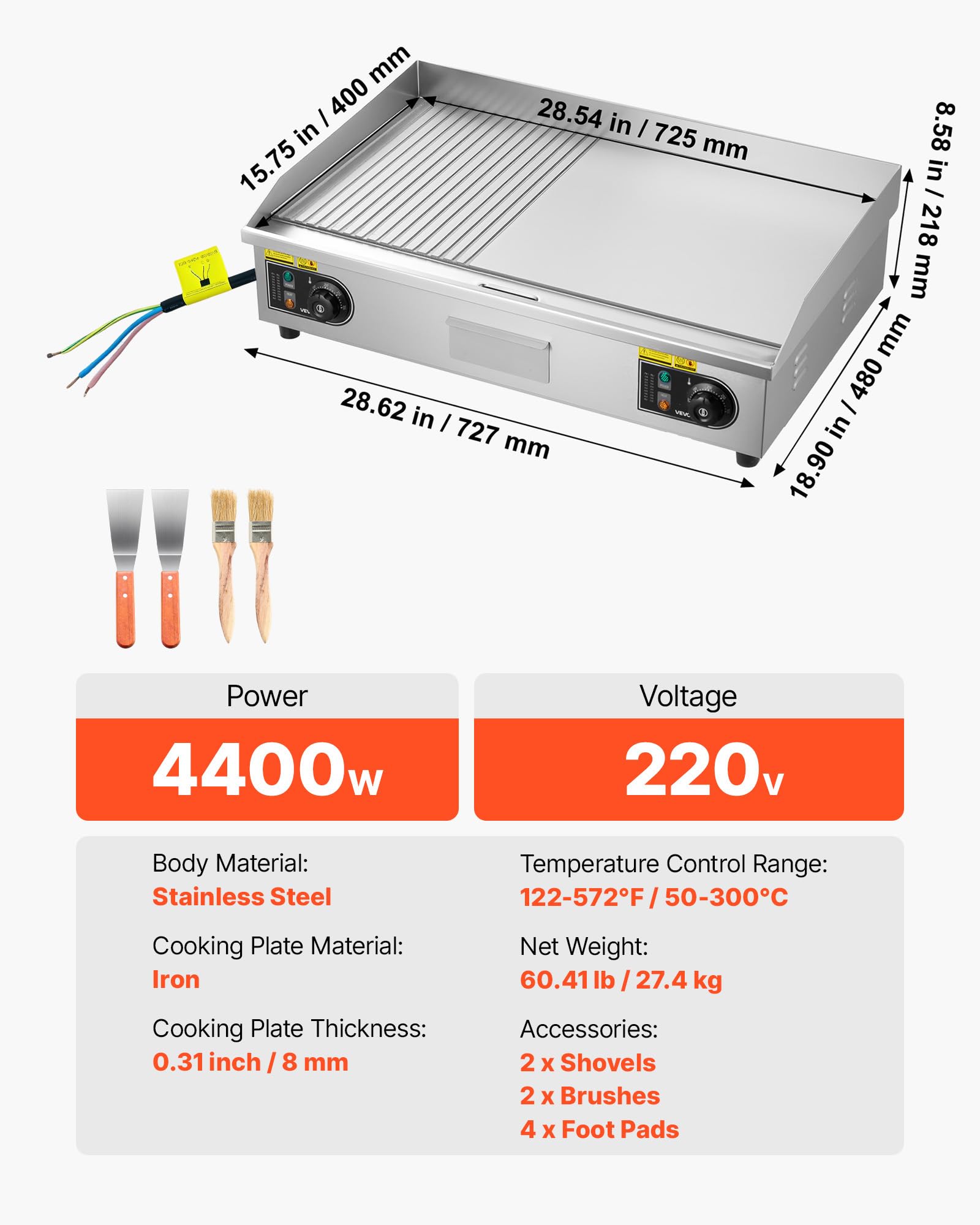 VEVOR Plancha Électrique 72,5x40 cm, Plaque à Snacker 4400 W, pour Barbecue Restaurant Snack-Bar, Plaque de Cuisson de Comptoir en Inox, Température Réglable 50-300 °C, Surface Mi-rainurée Mi-plate