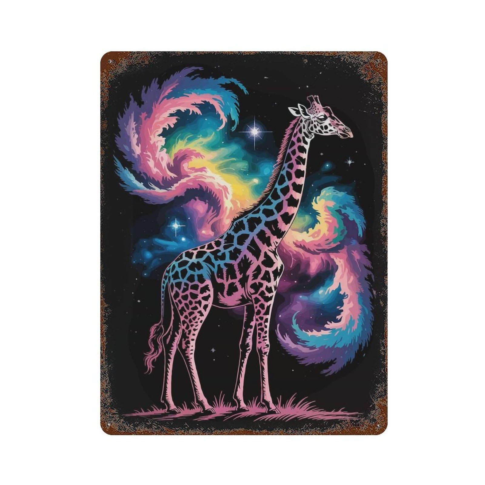 Cosmic Giraffe Illustration 15.7"x11.8" Vintage Rust Metal Sign, Classic Wall Plaque for Pub, Kitchen And Man Cave Decor