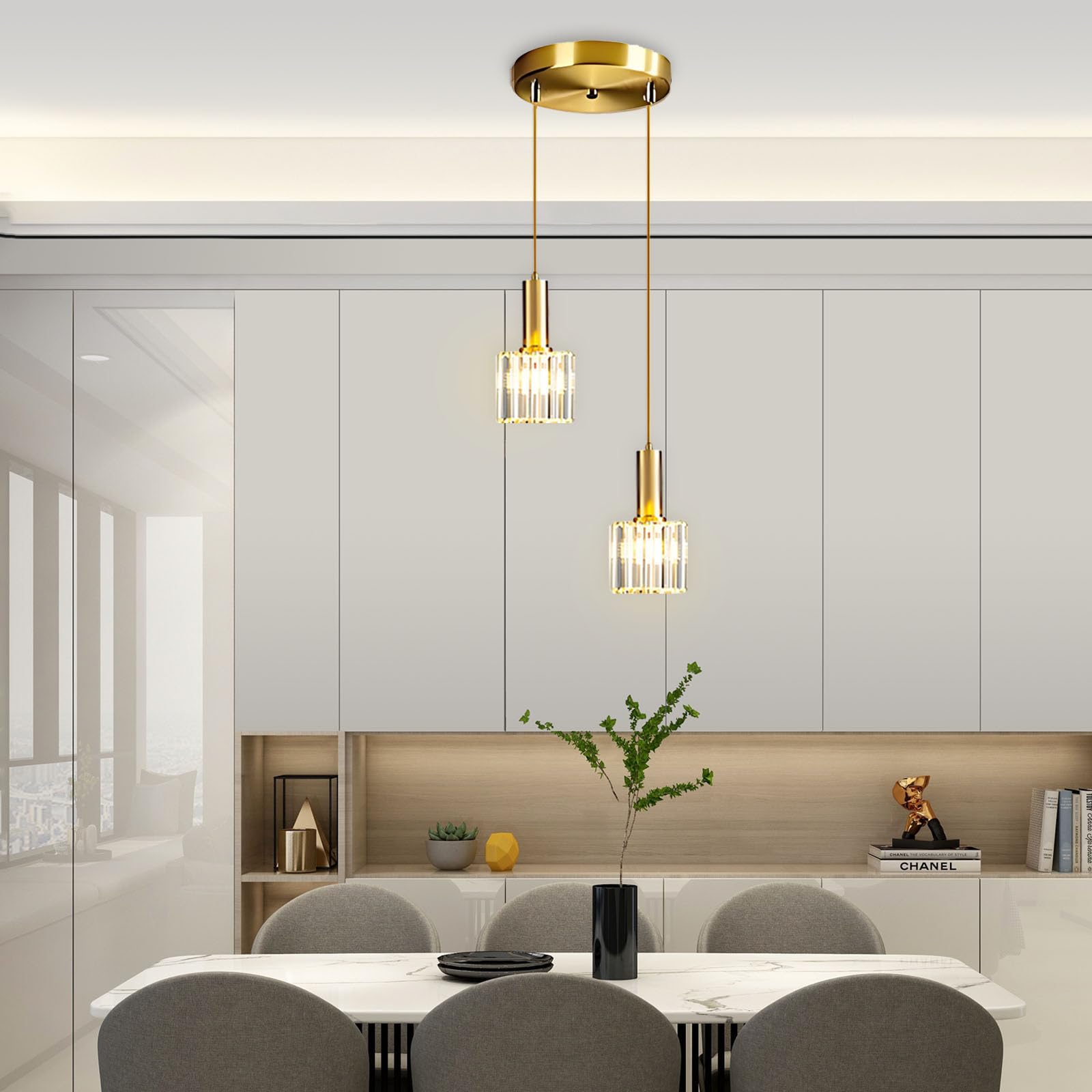 Mini Lámpara Colgante Dorada en Cristal K9, Base E27, Altura Ajustable, Lámpara Moderna de Vidrio para Comedor, Cocina, Dormitorio y Bar (2-luces)