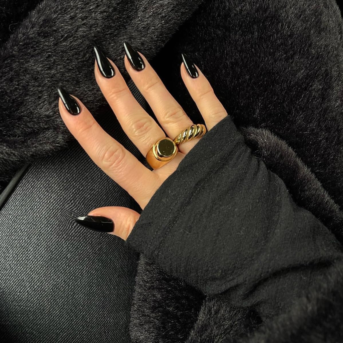 SXVME 48 Pcs Black Press on Nails Almond Medium Acrylic False Nails Medium Stiletto Natural Fake Nail Set Elegant Solid Color Full Cover Glossy Gel Stick on Nails for Women Fall Winter Wear - Image 2