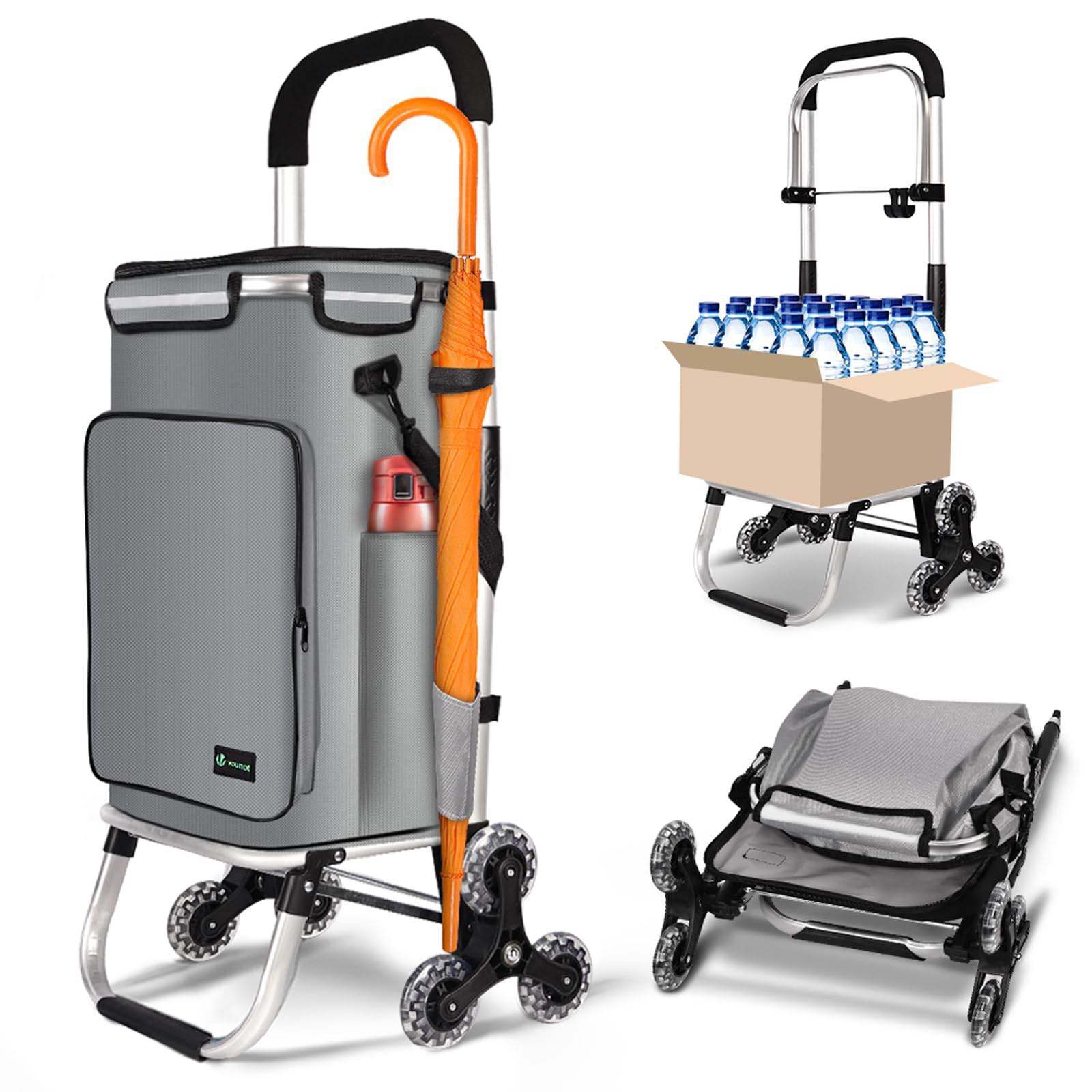 VOUNOT 60L 6-Wheel Folding Shopping Trolley - Grey - Stair Climbing - Detachable Insulated Bag - 40kg Capacity