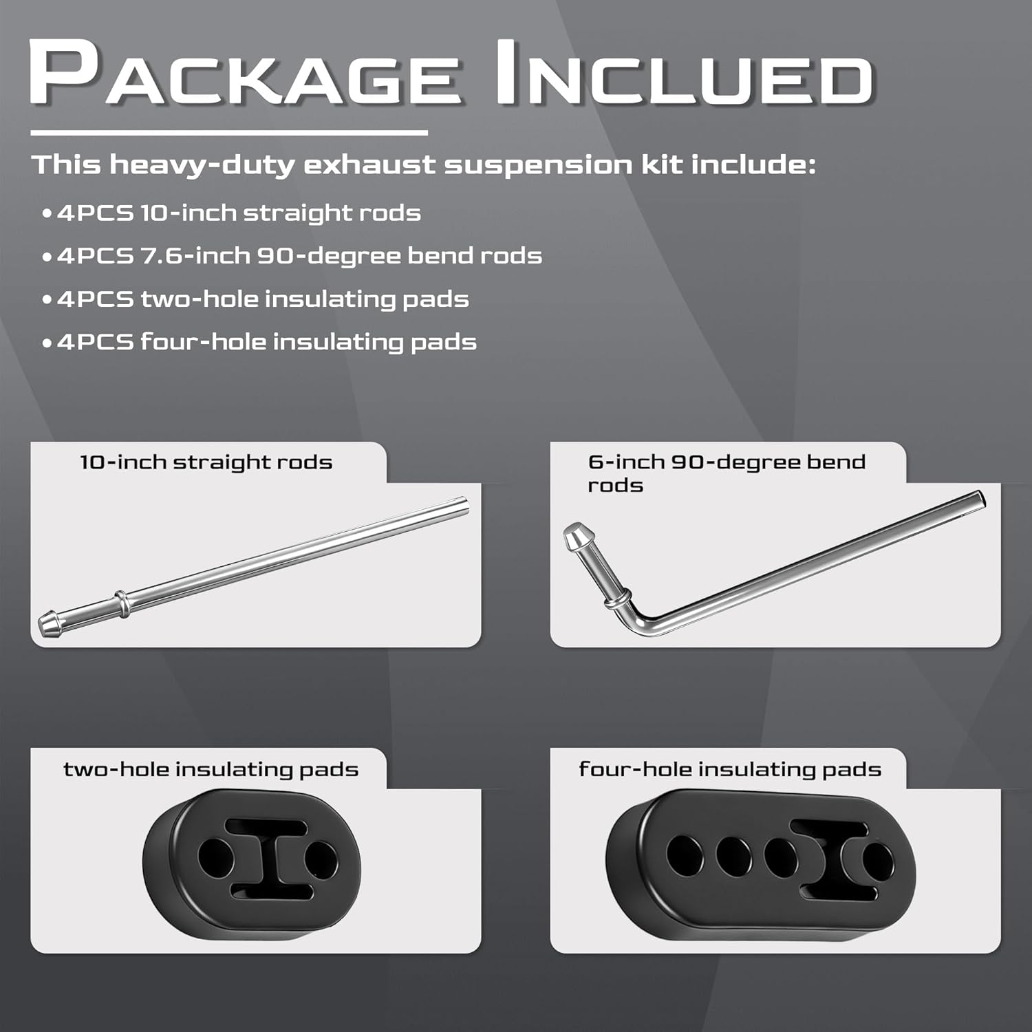 16PCS Rubber Exhaust Hanger Rod Set, Heavy Duty Zinc Coated Hanger Rods 10" Straight & 7.6" 90° Angle Multi-Hole Rubber Insulators for Automotive Muffler Replacement