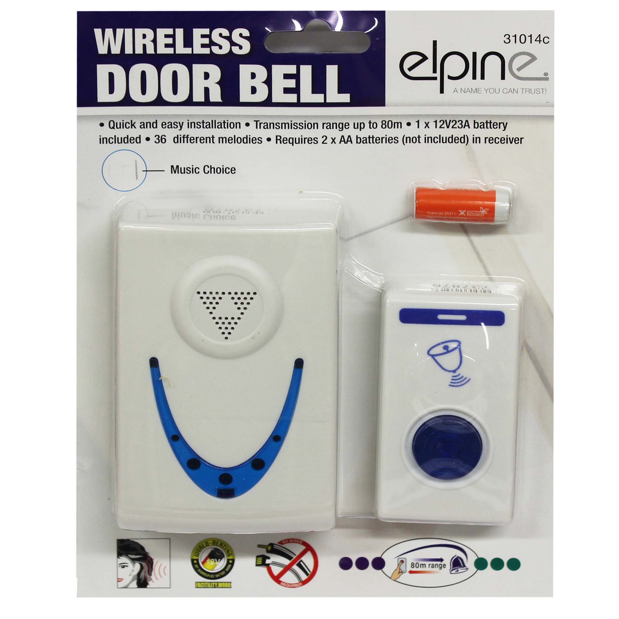 Elpine High Quality Wireless Cordless Door Bell 80M Range Single Set 36 Melodies Chimes