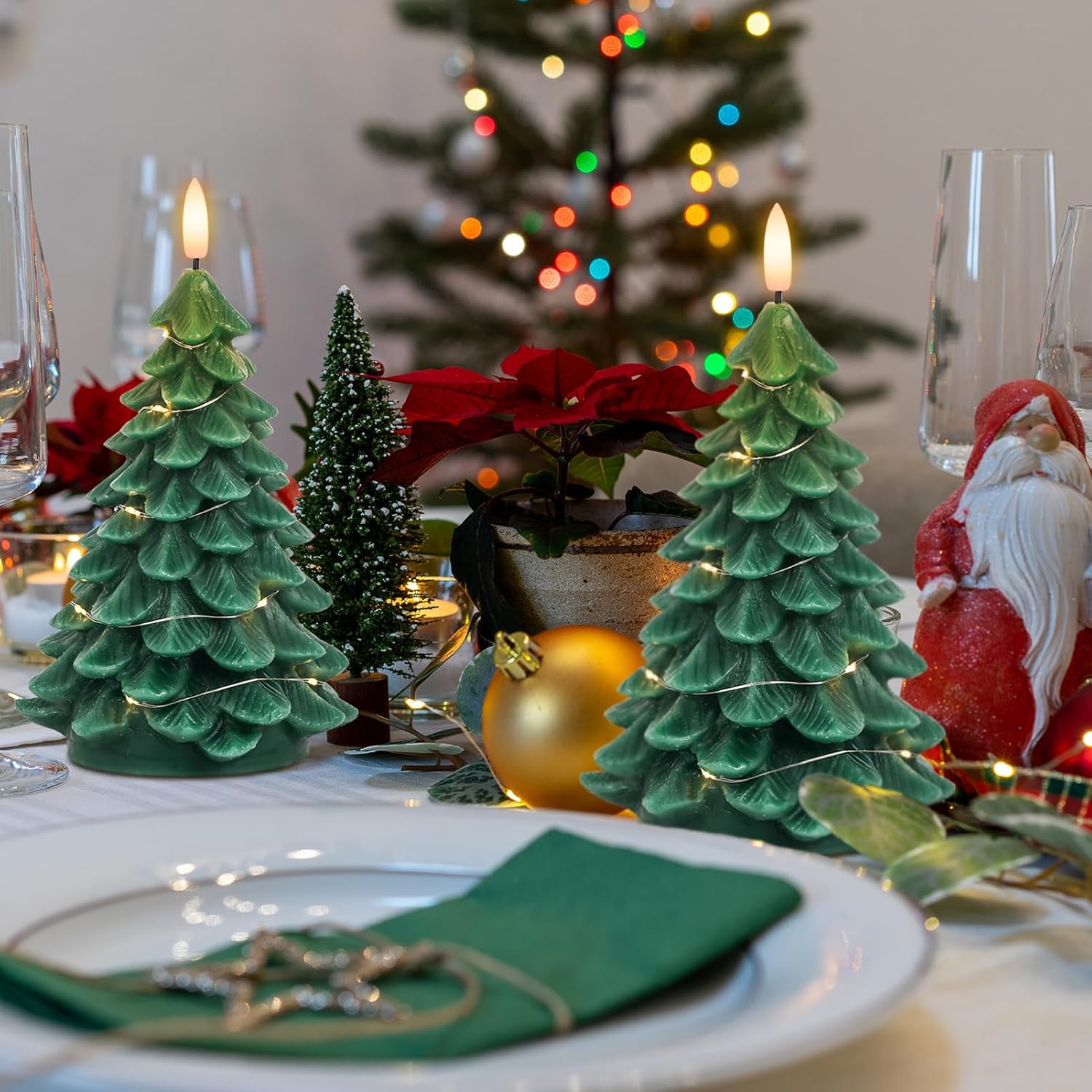DRomance Christmas Tree Flameless Candles String Lights with 10-Key Remote and Timer, 2 Pack Green Real Wax Battery Operated 3D Wick LED Flickering Candles Dinner Holiday Indoor Decor(3" x 7.1")