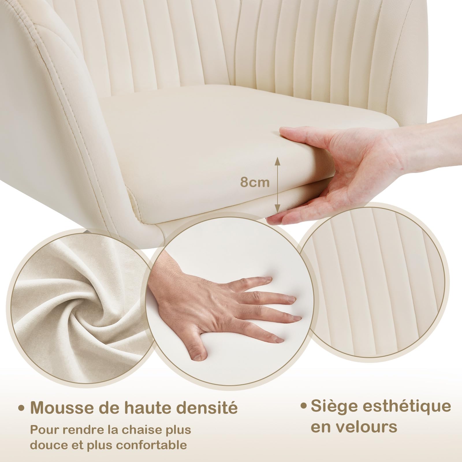 WOLTU Chaise Bureau Velours, Chaise Coiffeuse, Fauteuil Pivotant Ergonomique, Siège Rembourré, Réglable en Hauteur, pour Bureau, Chambre, Beige