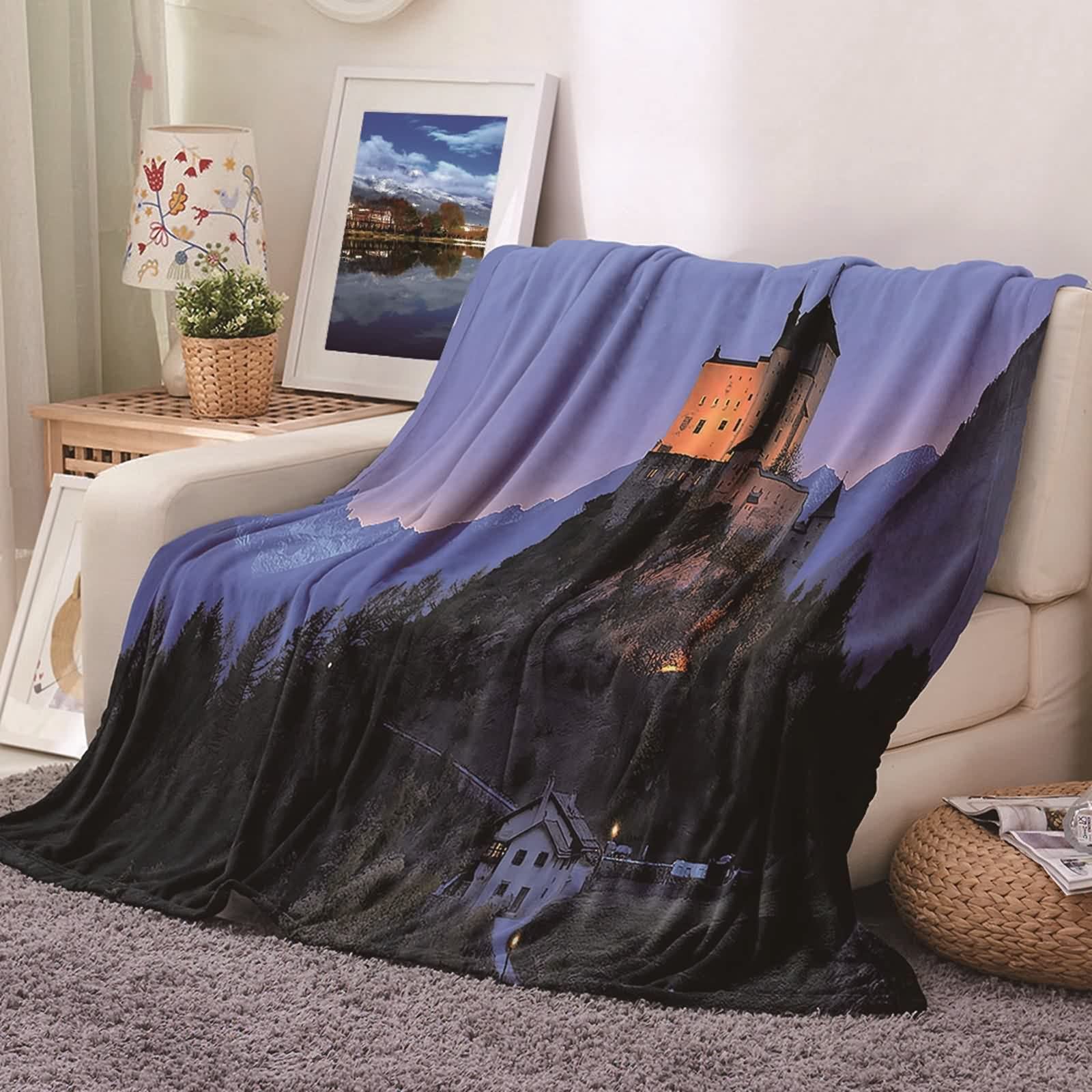 Coperta Invernale Flanella,Coperta Invernale da Divano Motivo di Montagna e Castello Blu Scuro Verde Coperta Invernale 150x200cm