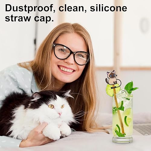 Miniatura 5 de Paquete de 12 fundas de popote reutilizables, con diseño de gato, a prueba de polvo, para popote de 6 a 0.315 in, protector para accesorios de