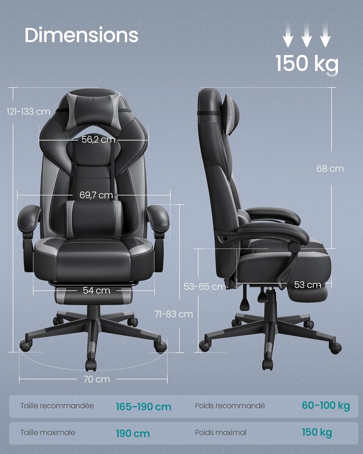 Detailed dimensions of the SONGMICS gaming chair, showing height, width, depth, seat height, and recommended user height and weight.