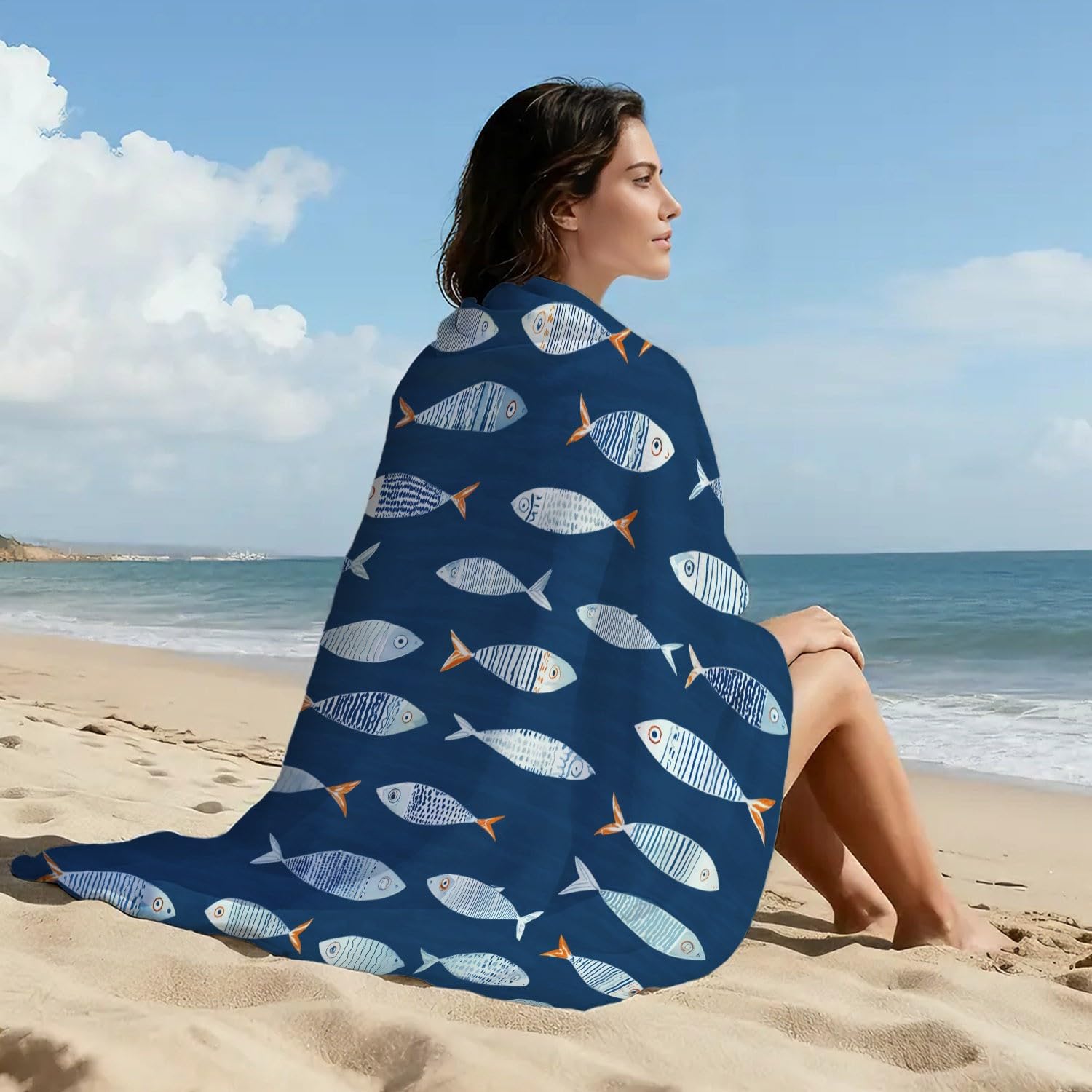 Générique Drap de Plage Anti Sable Sechage Rapide 180 cm x 160 cm Moderne Calme Serviette de Plage Microfibre Simple Frais Maritime Thème Animaux Poisson Absorbante Super Couverture de Plage