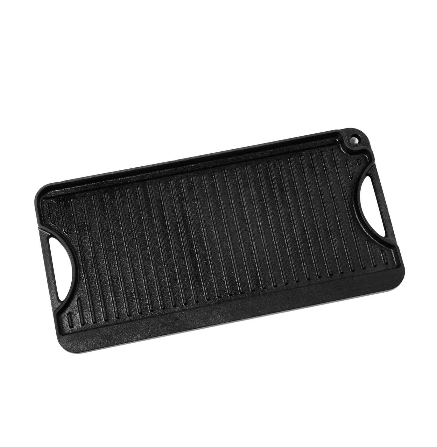 20x10in Reversible Grill Griddle Pre-Seasoned Rectangular BBQ Pan Cast Iron