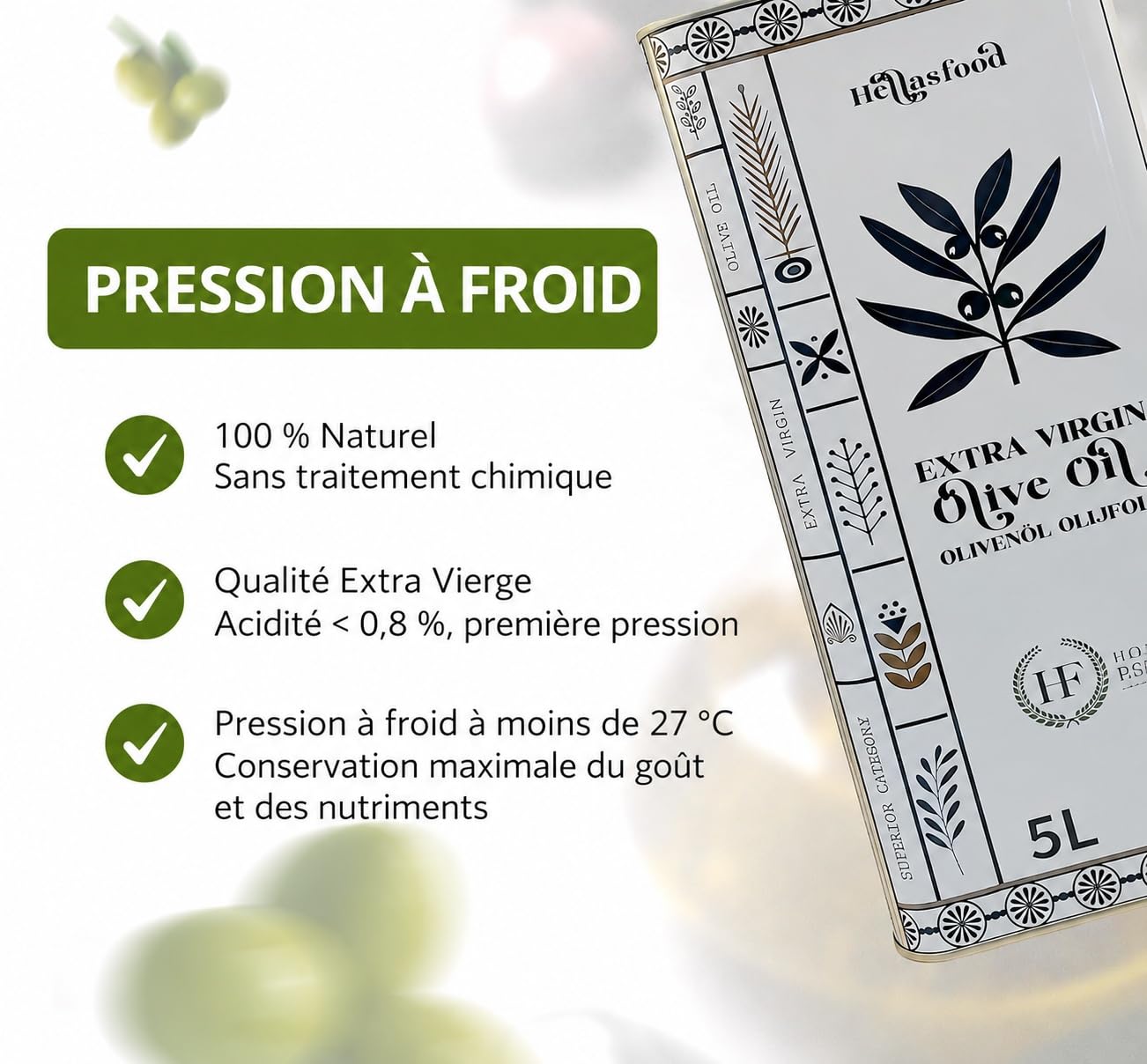 Hellas Food - Huile d’Olive 5L Extra Vierge - Pressée à Froid - Mélange Premium du Péloponnèse - Arôme Fruité - Riche en Antioxydants - Idéale pour Cuisine & Salades