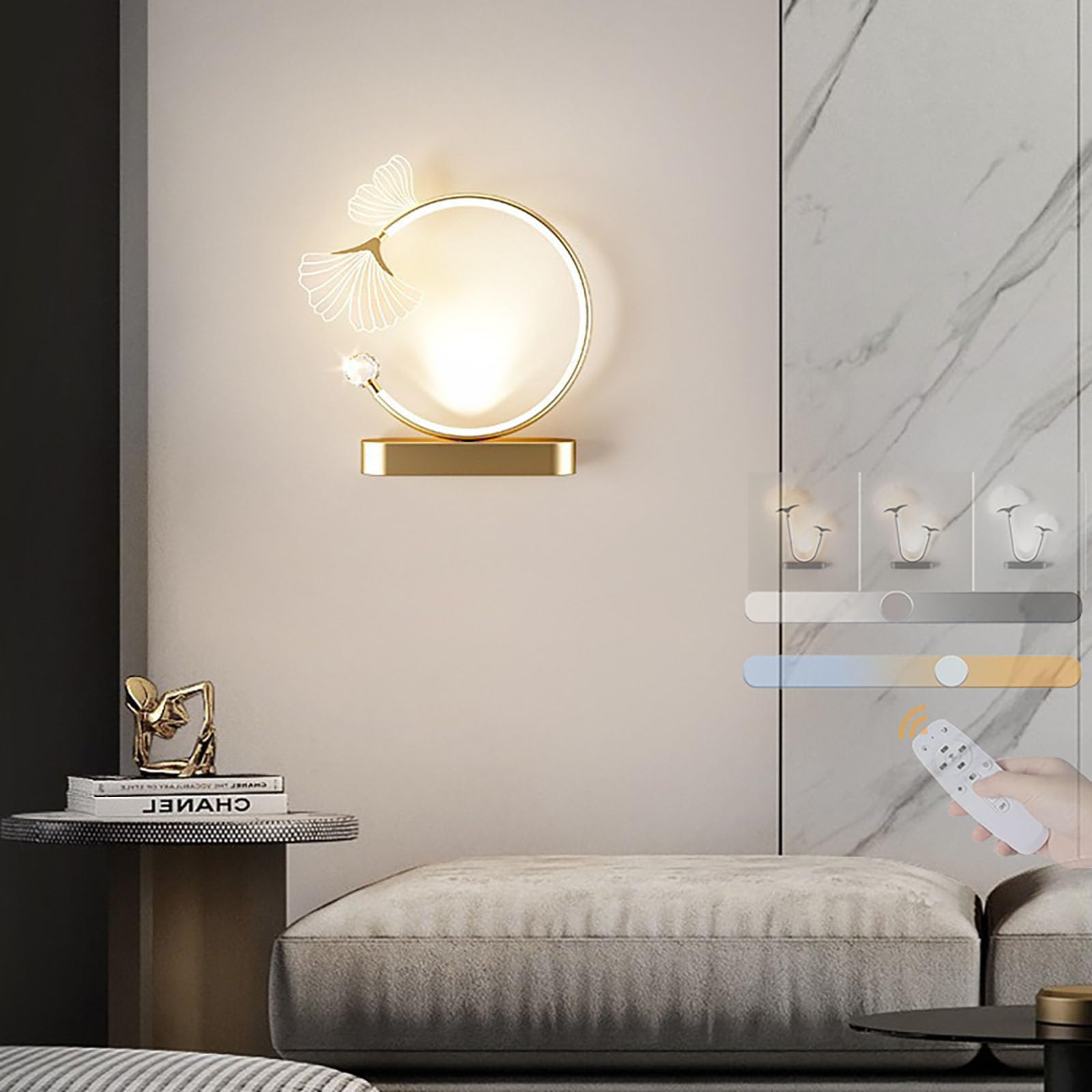 Aplique de pared LED interior de 24W con mando regulable lámpara flor oro 8