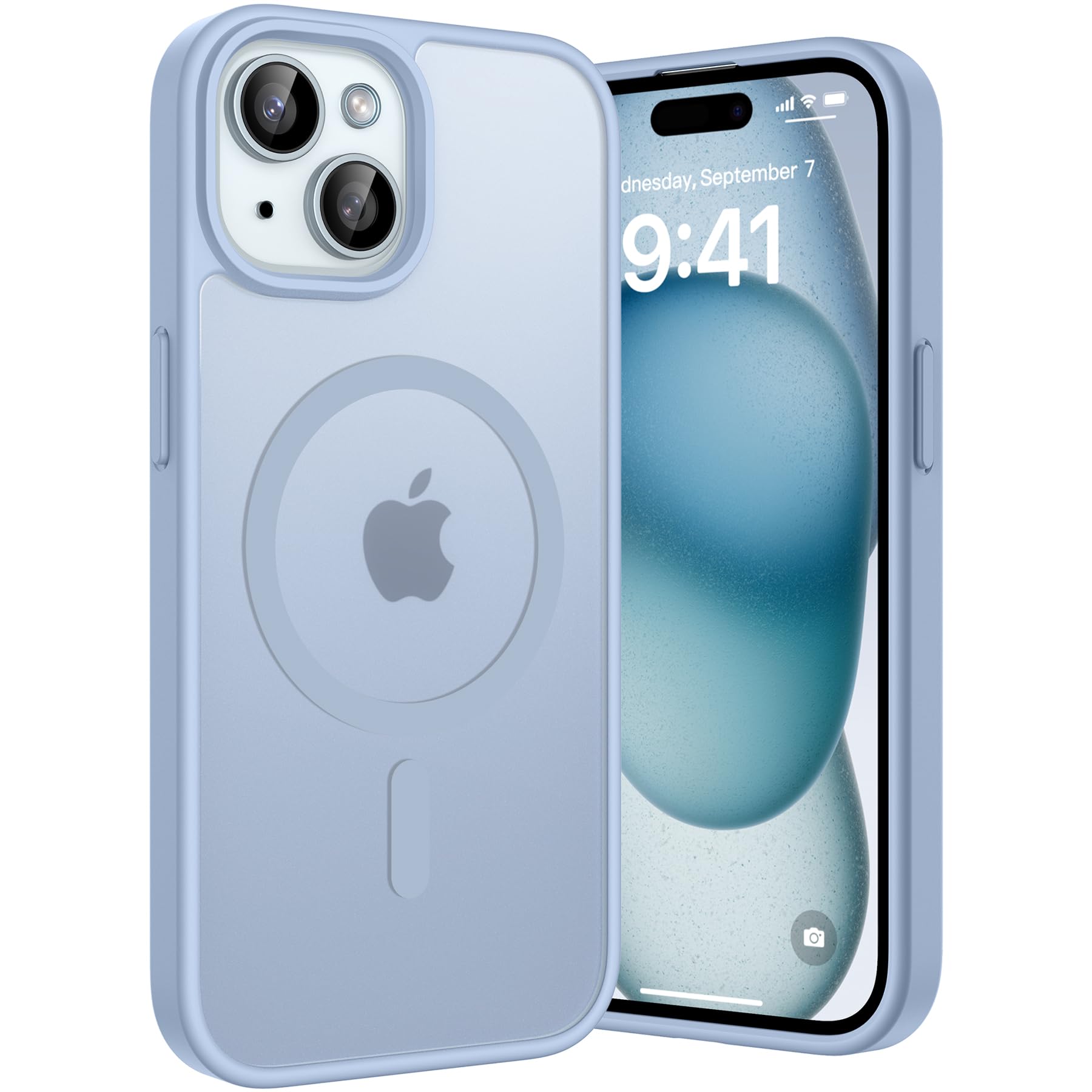 Opkiegrn Cover Magnetica iPhone 13/14 / 15 / 16e, Compatibile con MagSafe, Protezione Antiurto di Livello Militare, Custodia Traslucida Acrilico Posteriore Protettiva Sottile Case, Azzurro