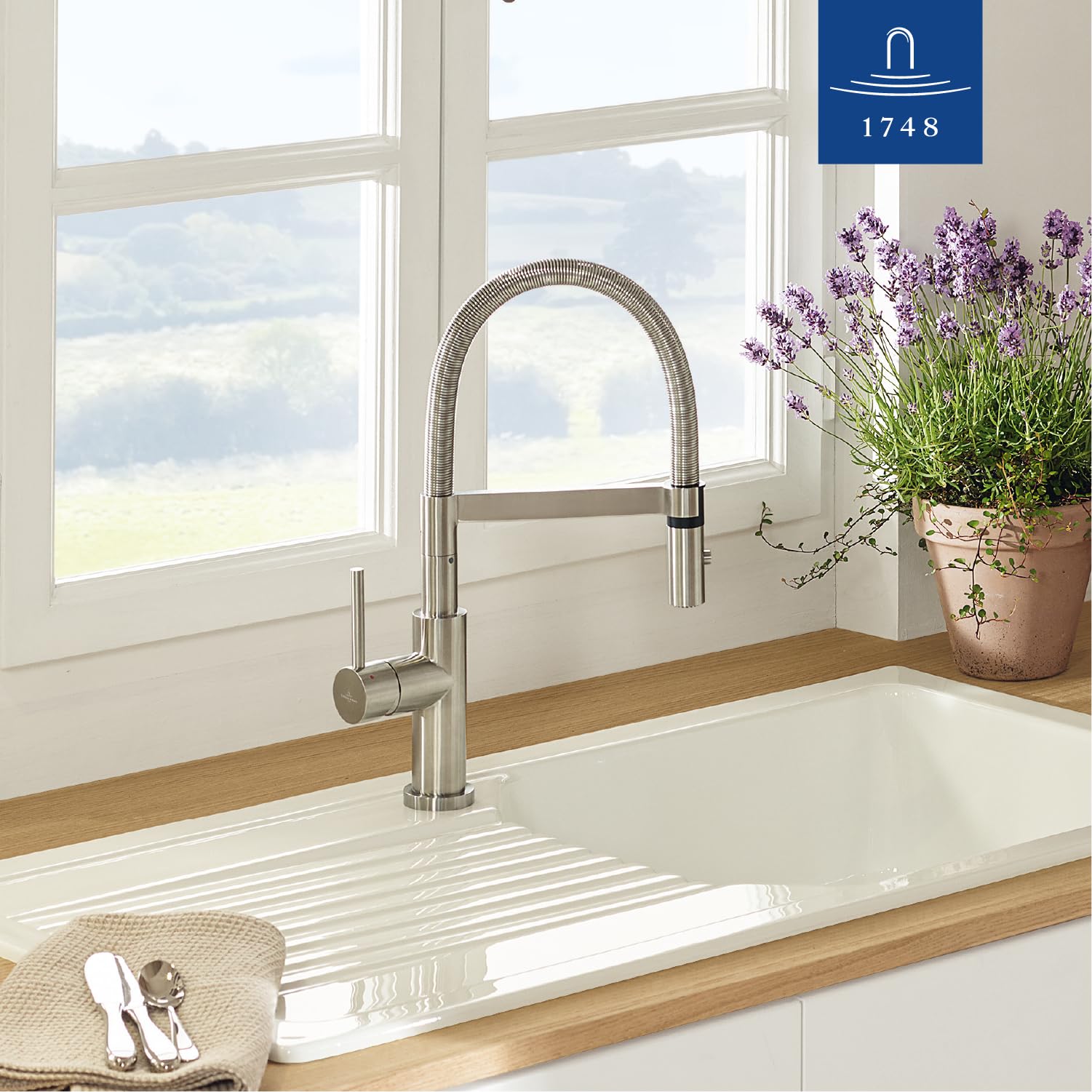 Villeroy & Boch Steel Expert Compact Window armatura kuchenna, wysokociśnieniowa, kran kuchenny z montażem przed oknem, oszczędność wody, wysokość wylewki 147 mm, masywna stal nierdzewna