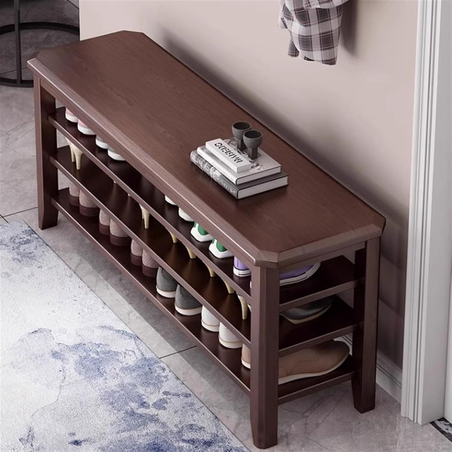Thin Shoe Organizer, Entryway Shoe, Solid Wood Shoe Rack, Multifunctional Shelf for Sitting Shoes, Decorative Door Entrance Shoe Prin (Color : White