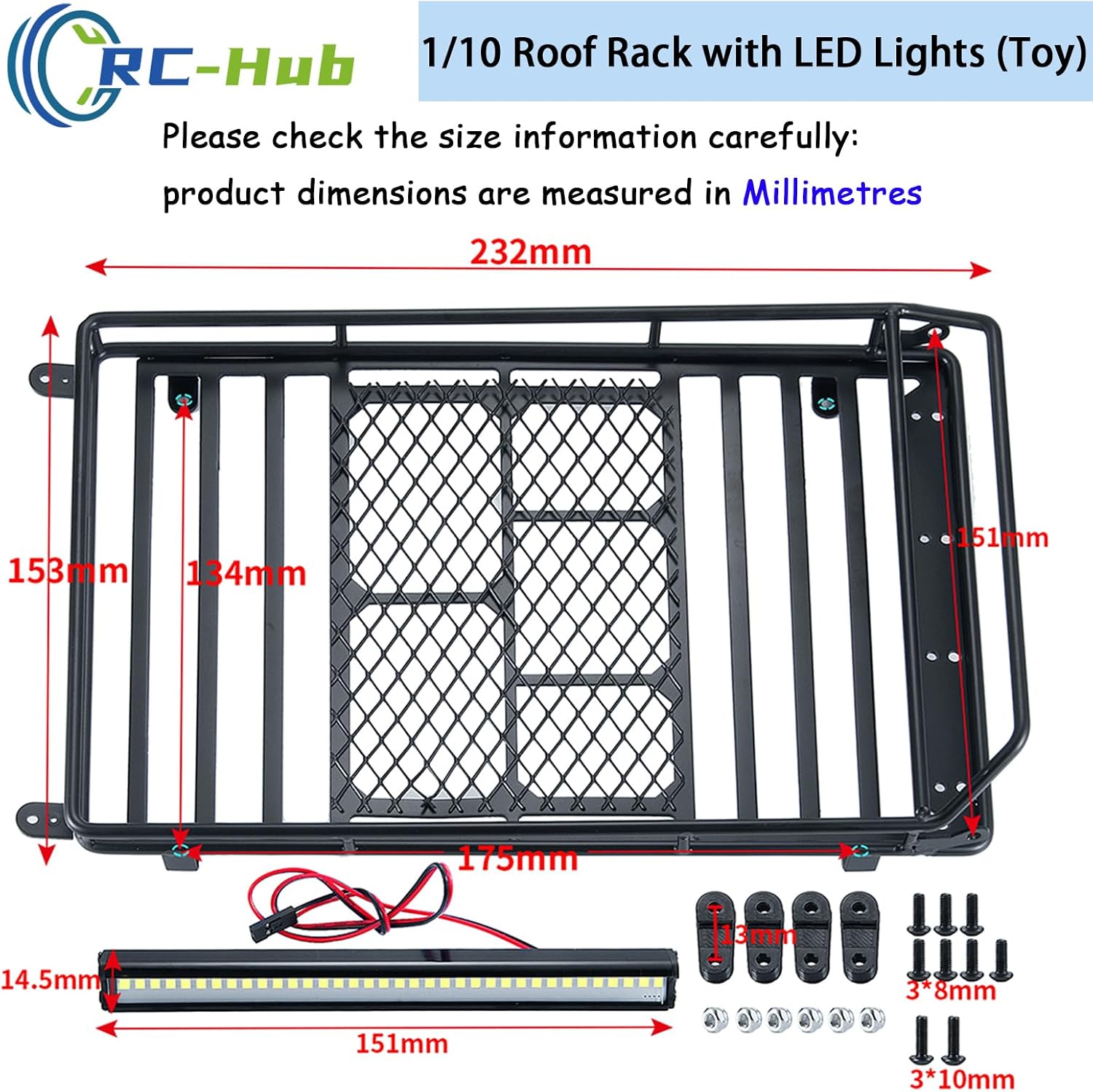 RC-Hub 1/10 Scale Roof Rack Luggage Carrier with LED Lights Bar 232 * 153mm RC Upgrade Parts for 1/10 Axial SCX10 SCX10 II III Wrangler 90046 AXI03007 RC Crawler Car