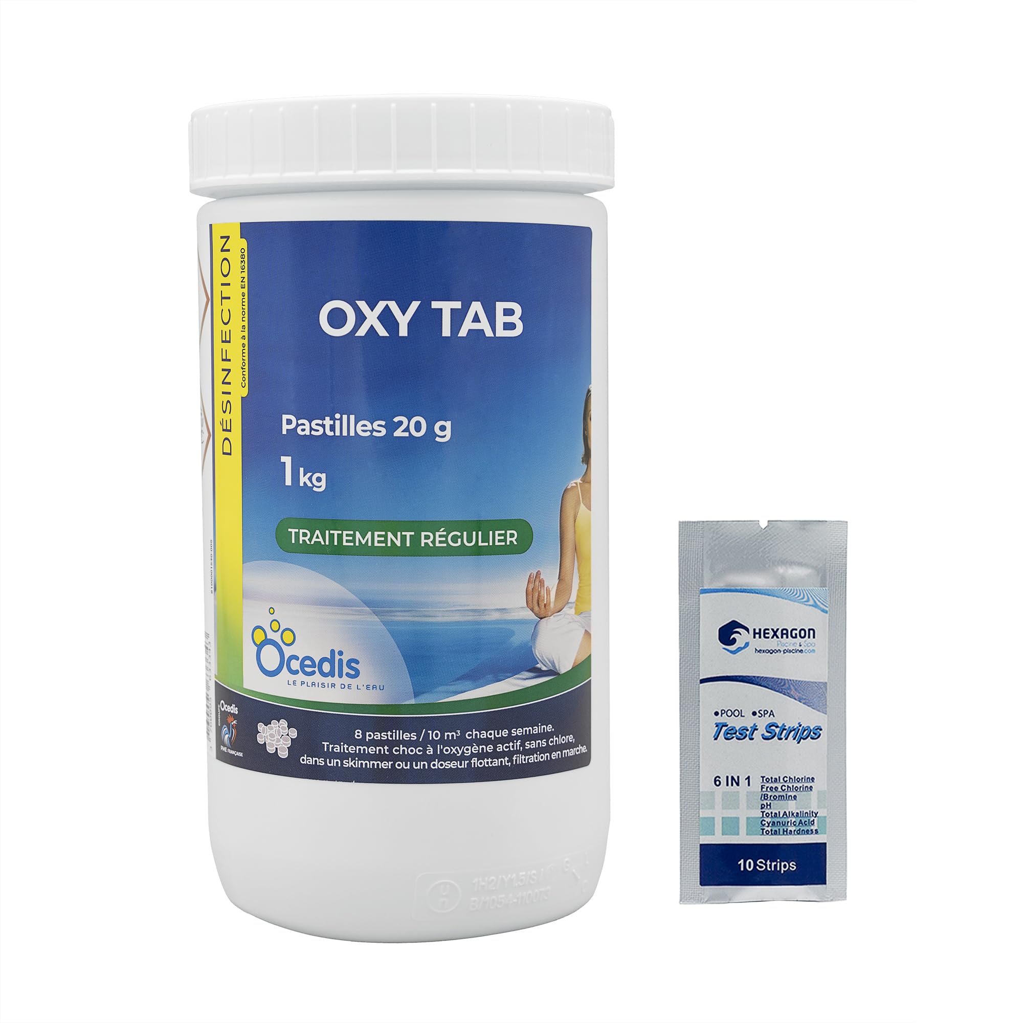 OCEDIS OXY Tab 20 Pastilles 20g - 1kg | Désinfection Régulière et/ou Choc sans Chlore - Oxygène Actif Choc - Activateur de Brome - Dissolution Rapide + 10 Tests HPS OFFERTS 6 en 1