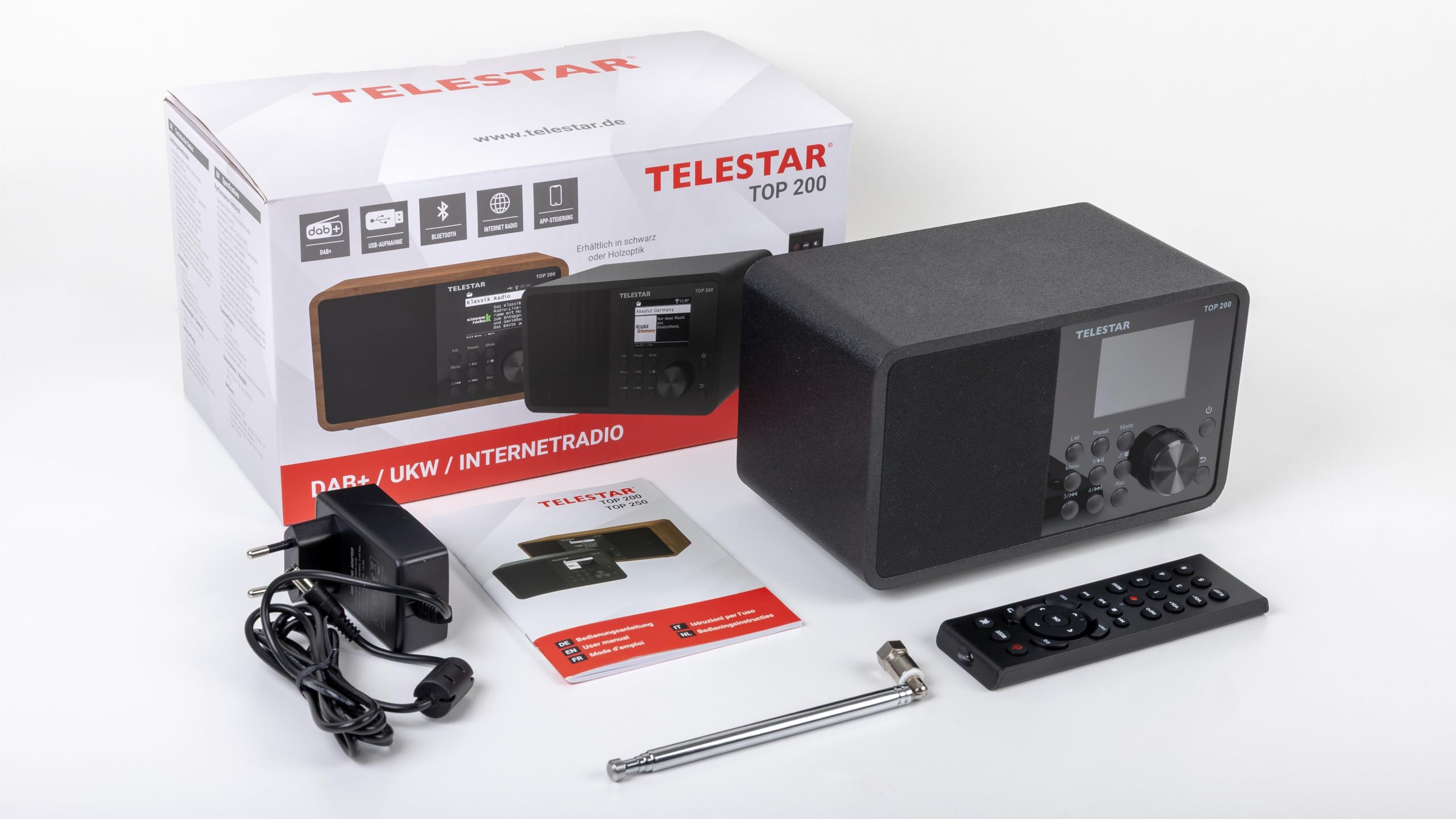TELESTAR Top 200 – Radio Dab Plus -Internet (Mono, 10 W, Bluetooth Audio-Streaming & Fonction émetteur, Enregistrement USB, système d’Alerte d’Urgence, contrôle Via Application) – Noir