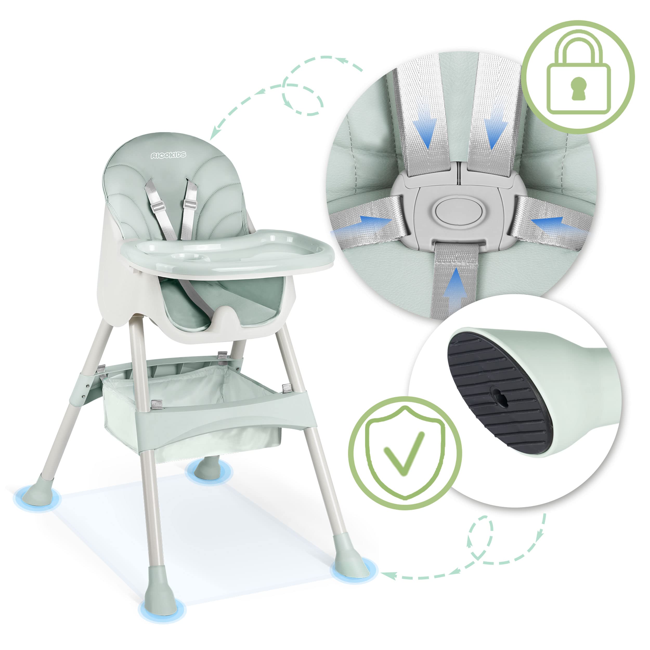 Ricko Kids - Seggiolone per bambini, con vassoio per mangiare, sedia per bambini, pieghevole, dalla nascita, facile da pulire, 83 x 60 x 110 cm, colore: verde